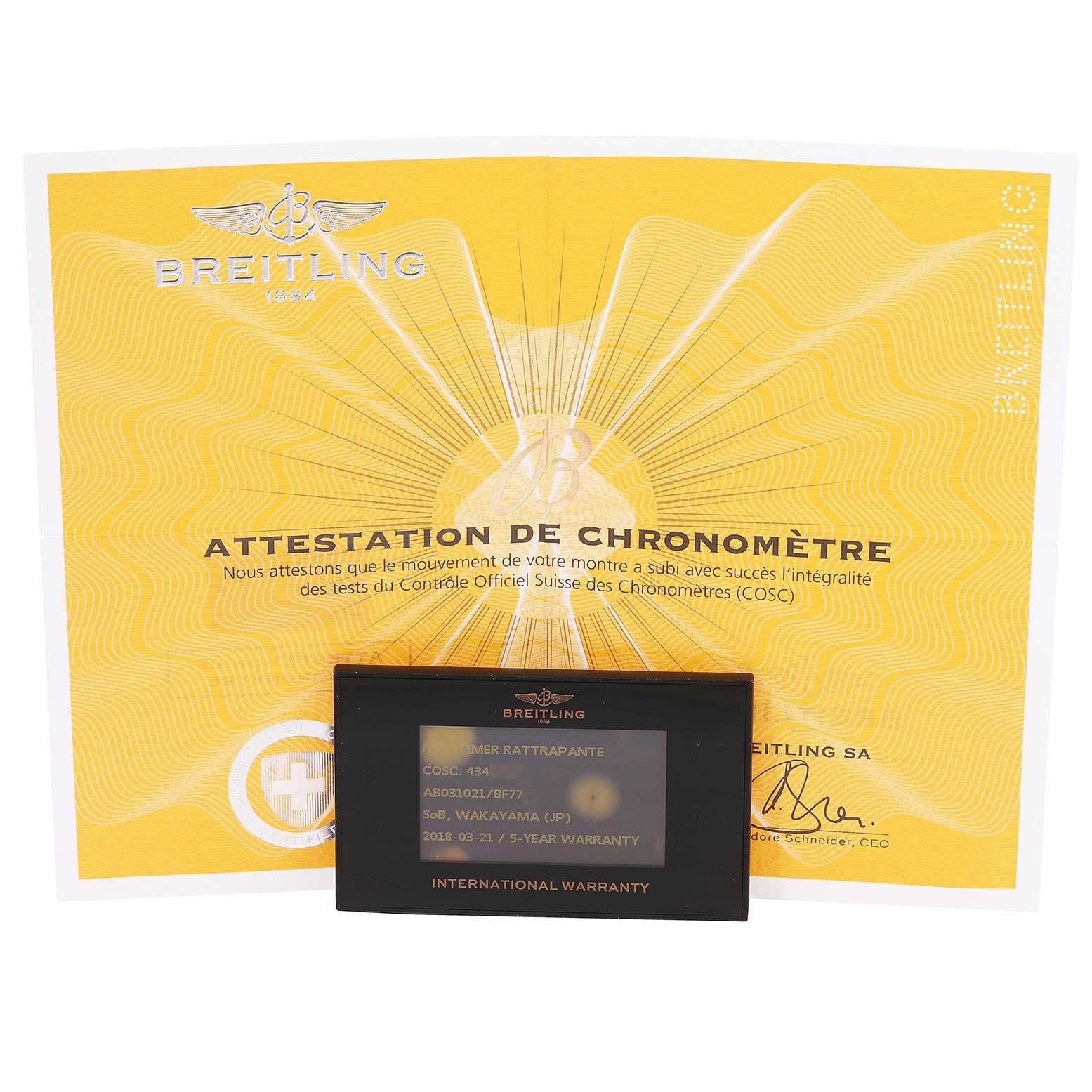 The image shows a Breitling Navitimer AB0310 Men's Stainless Steel Black Dial AB0310 Men's Stainless Steel Black Dial chronometer certificate and international warranty card, viewed from the front.