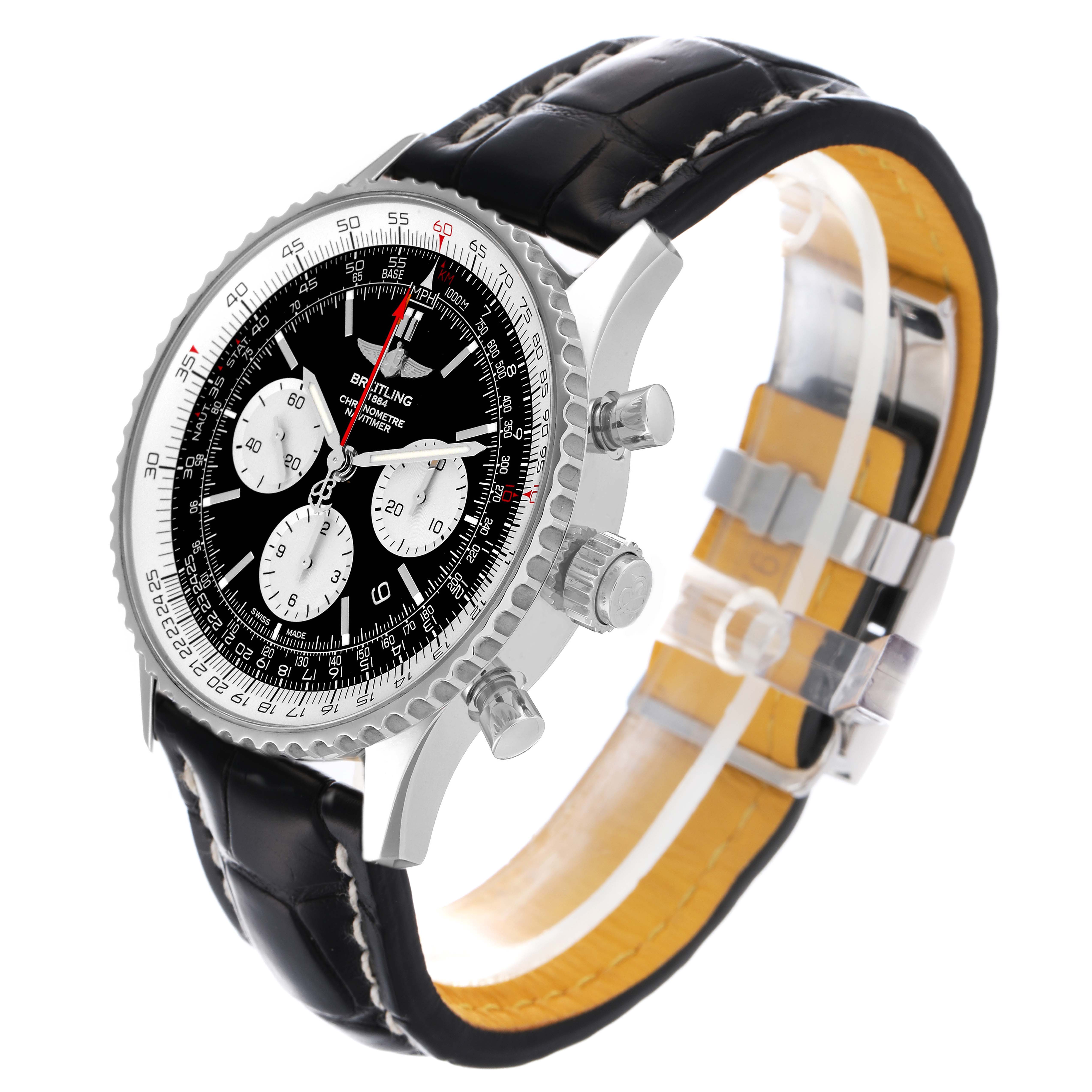 The Breitling Navitimer AB0310 Men's Stainless Steel Black Dial AB0310 Men's Stainless Steel Black Dial watch is shown at a tilted angle, highlighting the dial, bezel, crown, pushers, and black leather strap.
