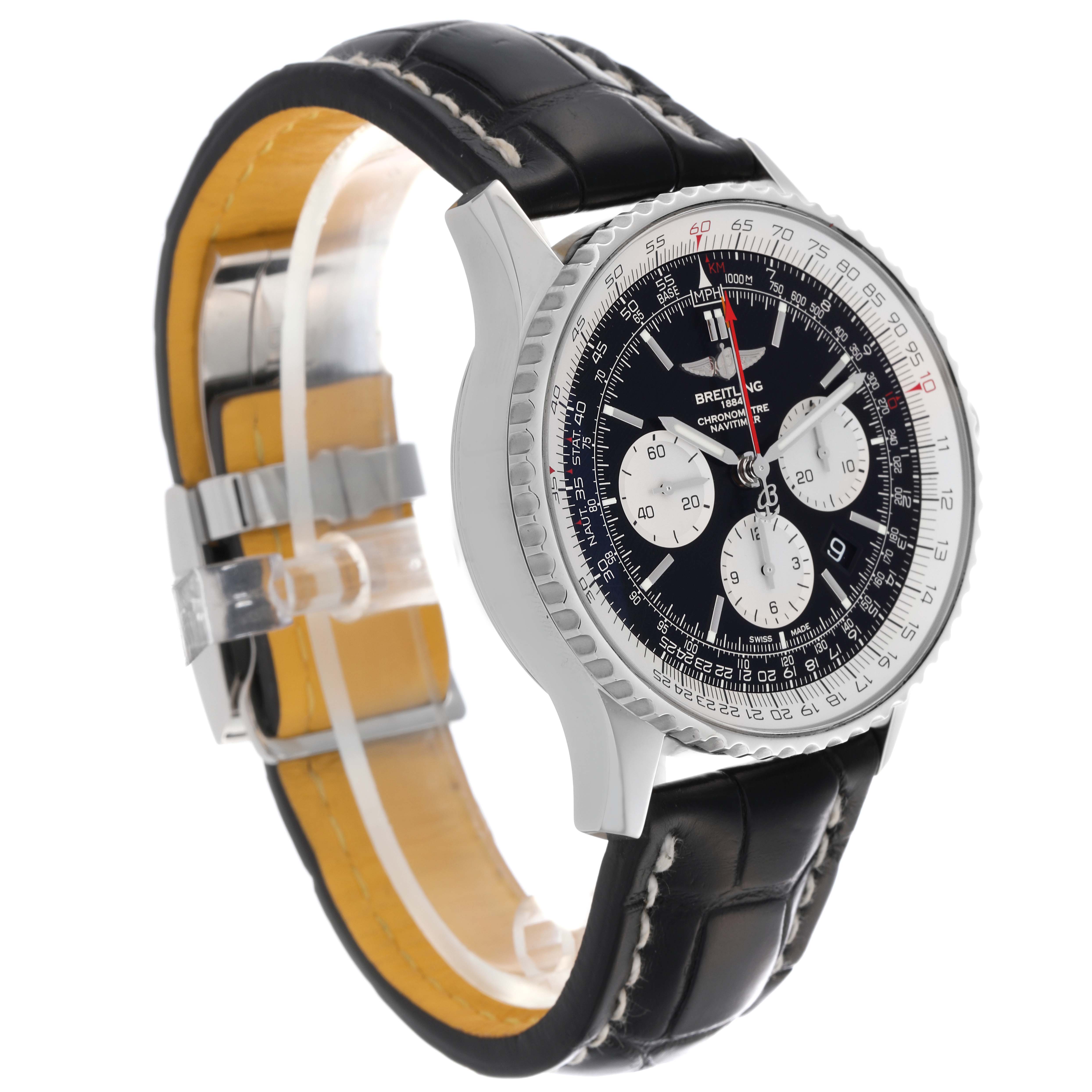 The Breitling Navitimer AB0310 Men's Stainless Steel Black Dial AB0310 Men's Stainless Steel Black Dial watch is shown at a three-quarter angle, displaying its dial, bezel, case, and leather strap.