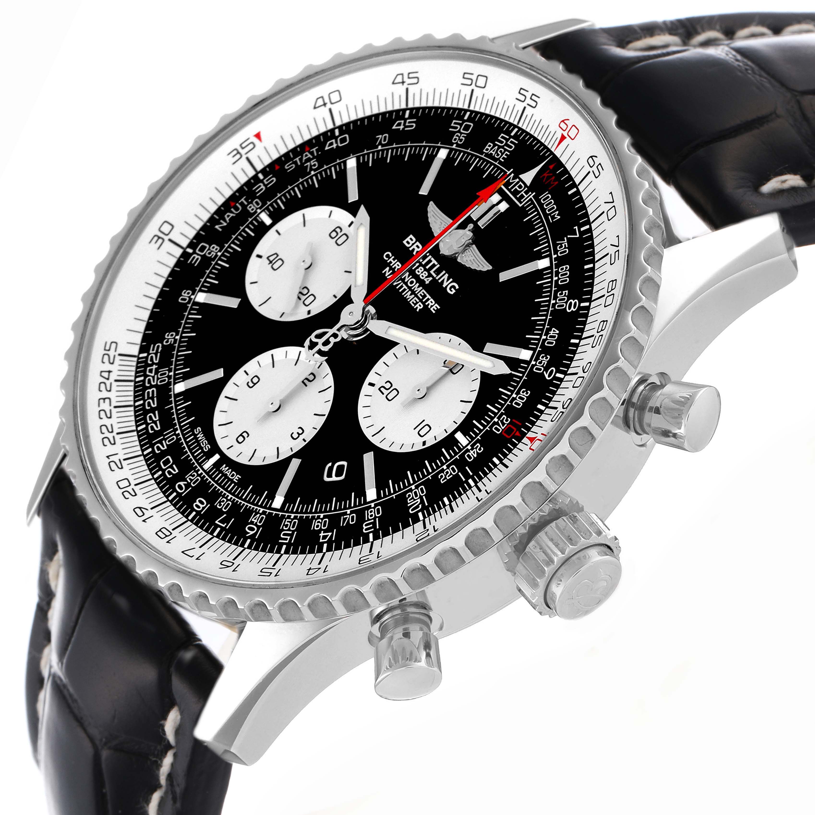 This image shows a Breitling Navitimer AB0310 Men's Stainless Steel Black Dial AB0310 Men's Stainless Steel Black Dial watch at a slight angle, highlighting the dial, subdials, bezel, crown, and leather strap.