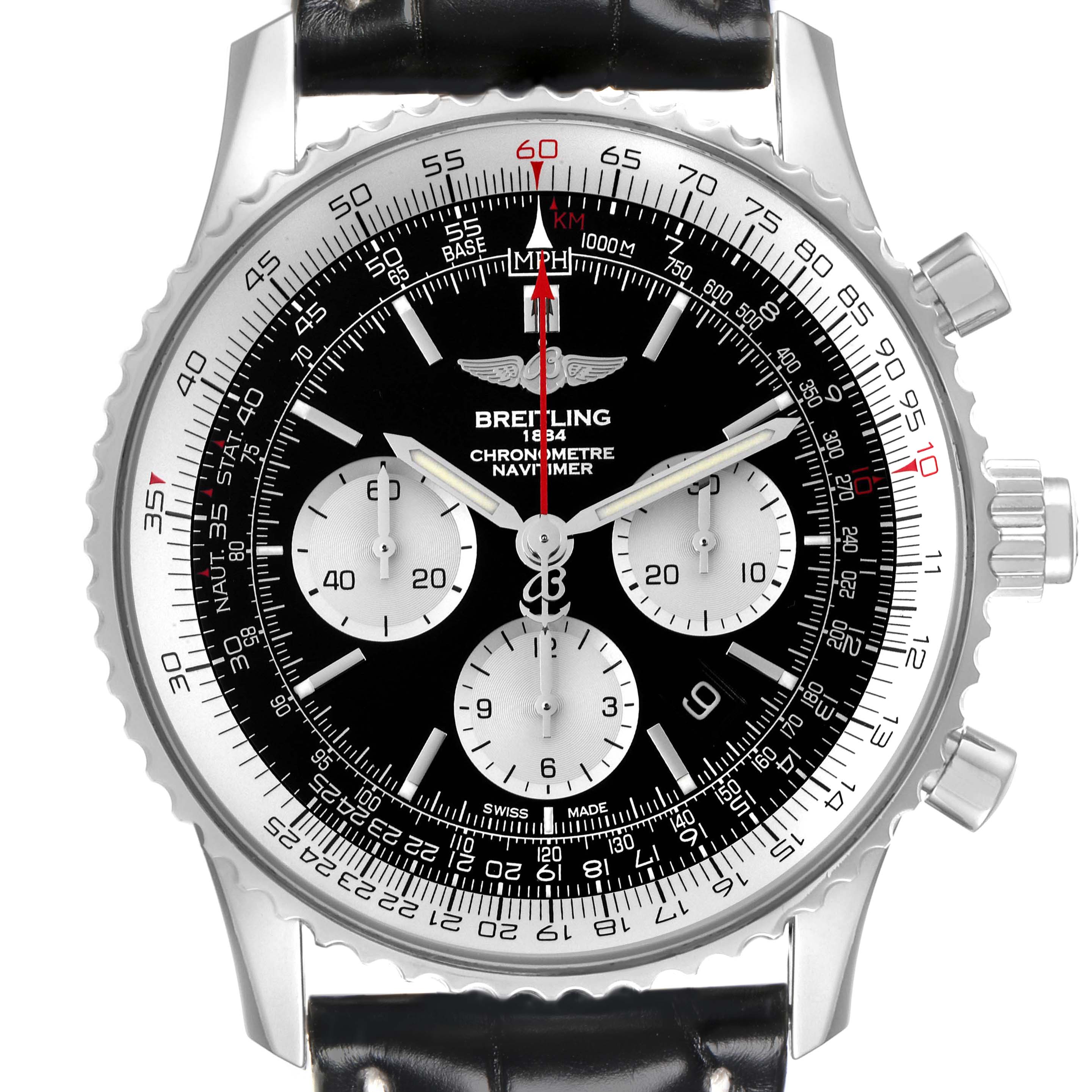 The Breitling Navitimer AB0310 Men's Stainless Steel Black Dial AB0310 Men's Stainless Steel Black Dial watch is shown from the front, highlighting its bezel, subdials, and crown.