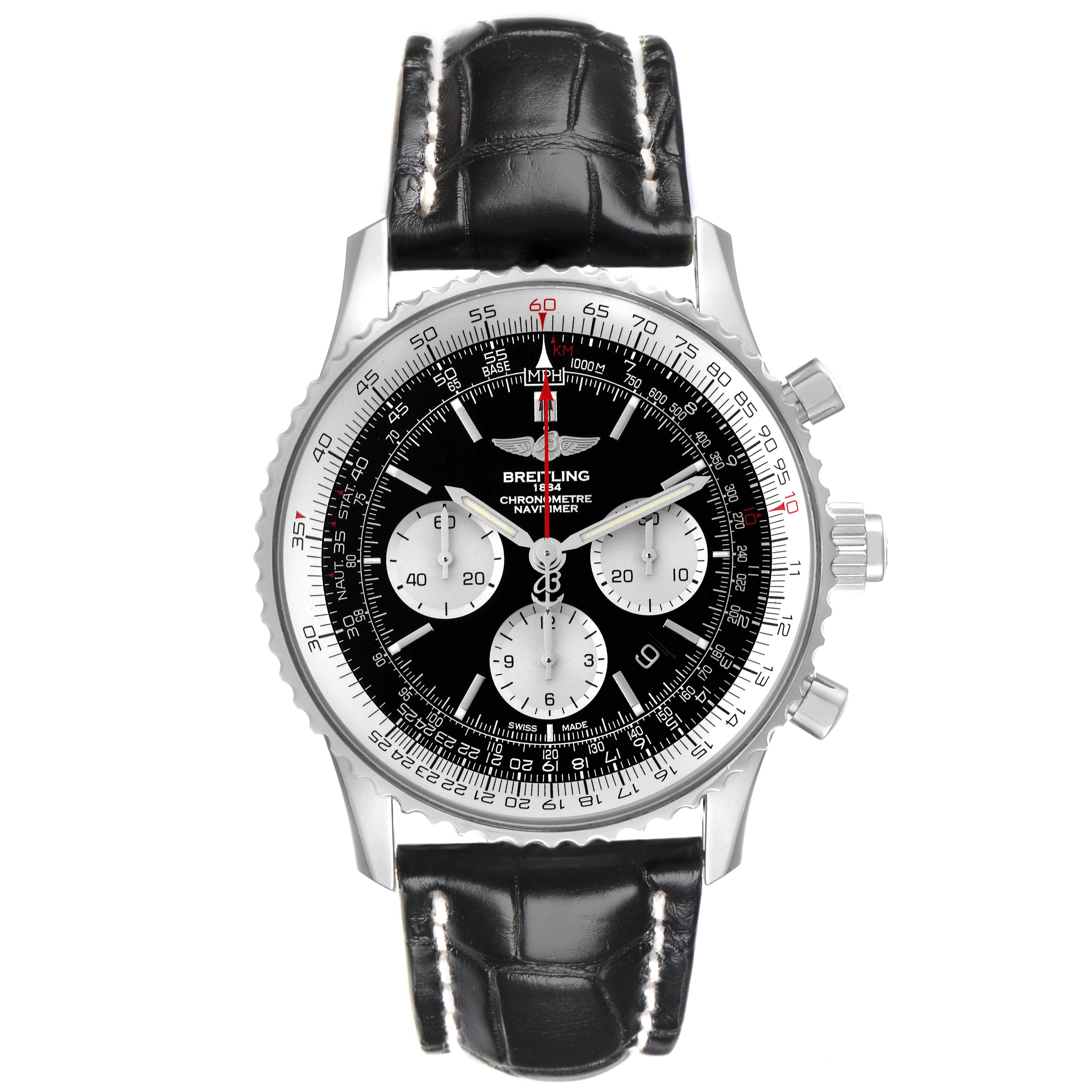The Breitling Navitimer AB0310 Men's Stainless Steel Black Dial AB0310 Men's Stainless Steel Black Dial watch is shown at a direct frontal angle, displaying the face, bezel, and leather strap.