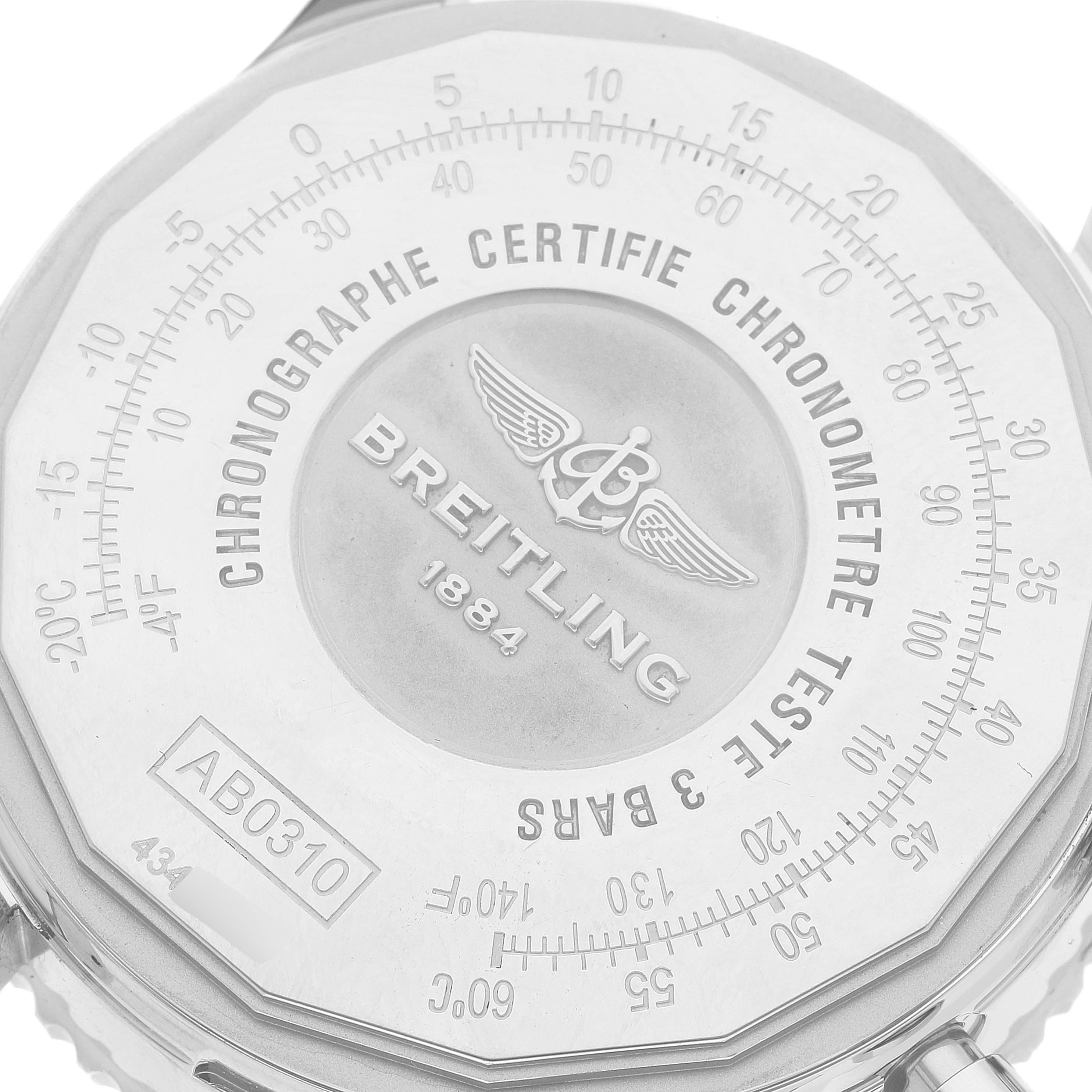 The image shows the back of a Breitling Navitimer AB0310 Men's Stainless Steel Black Dial AB0310 Men's Stainless Steel Black Dial, highlighting its engravings and brand logo.