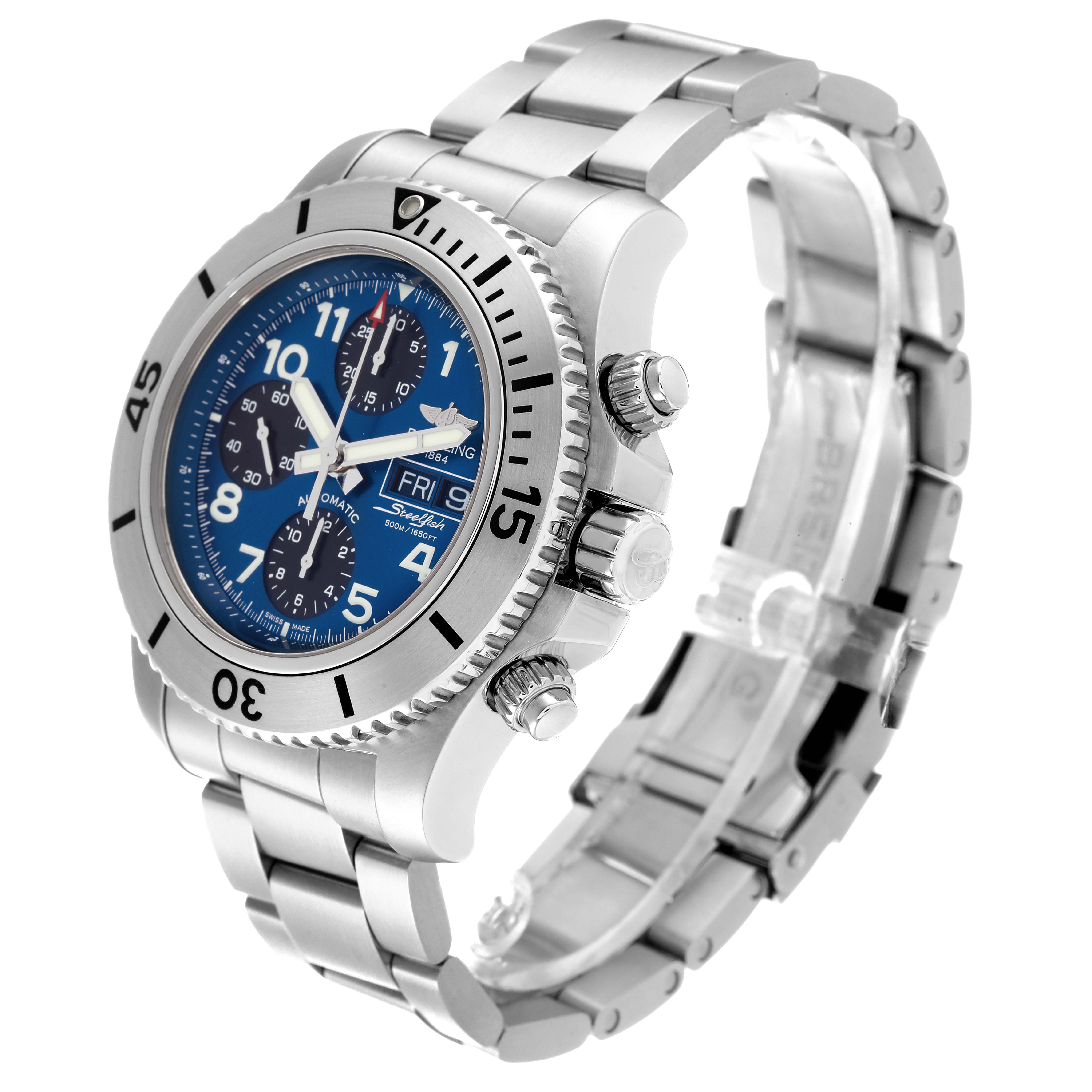 The Breitling Superocean A13341 Men's Stainless Steel Blue Dial A13341 Men's Stainless Steel Blue Dial watch is shown at a slight side angle, highlighting the face, bezel, crown, and metal bracelet.