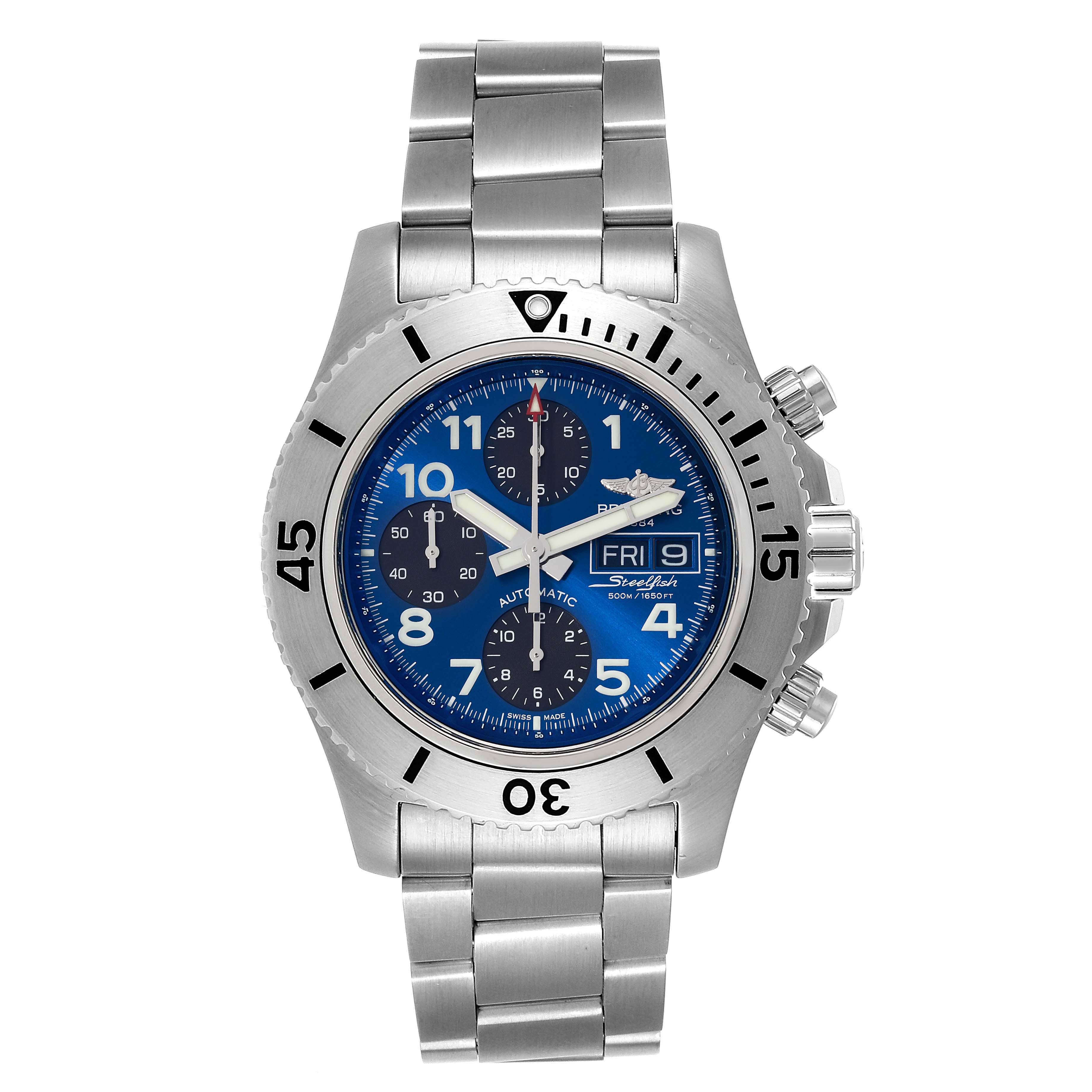 This is a frontal view of the Breitling Superocean A13341 Men's Stainless Steel Blue Dial A13341 Men's Stainless Steel Blue Dial watch, showing the dial, bezel, and bracelet.