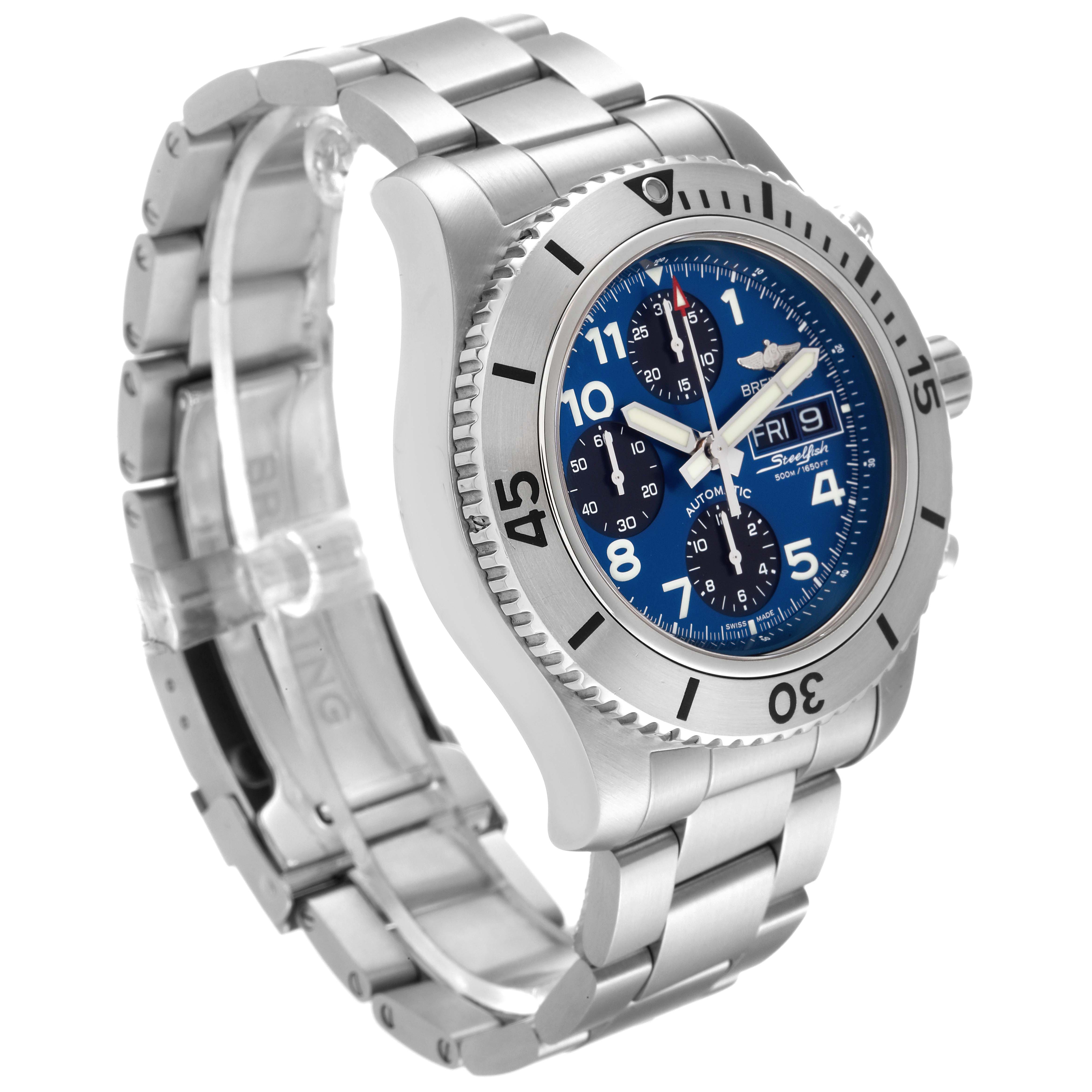 The Breitling Superocean A13341 Men's Stainless Steel Blue Dial A13341 Men's Stainless Steel Blue Dial watch is shown at a front-right angle, displaying its dial, bezel, and metal bracelet.