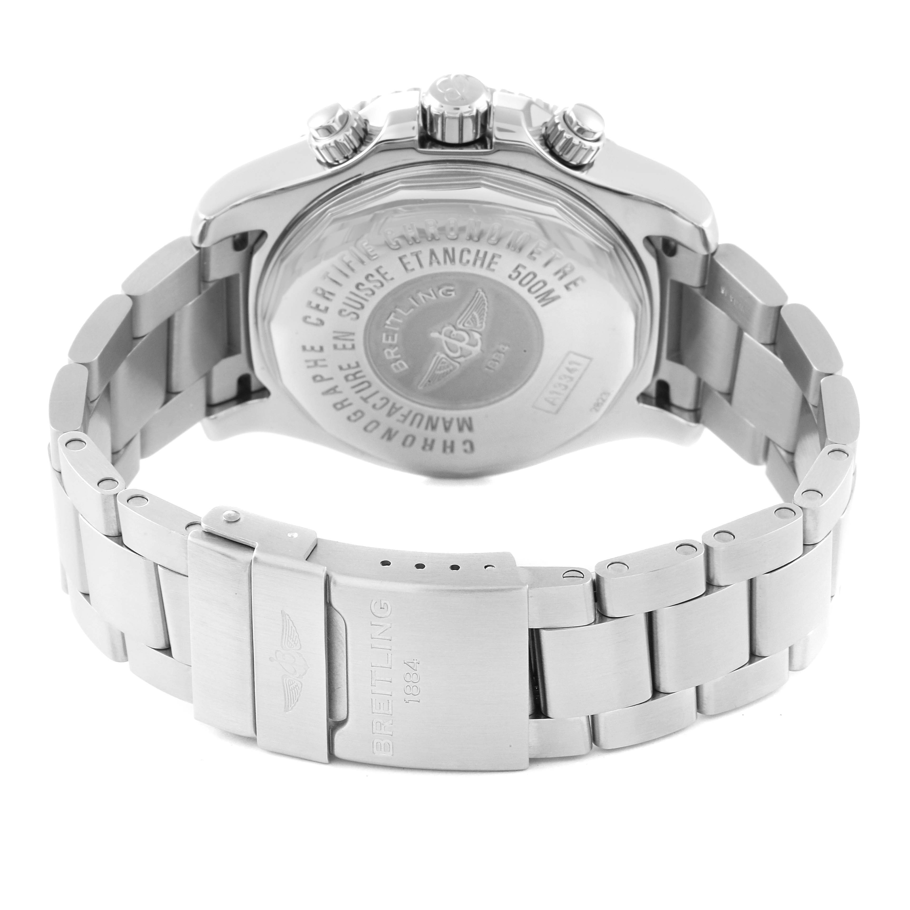 The image shows the back view of a Breitling Superocean A13341 Men's Stainless Steel Blue Dial A13341 Men's Stainless Steel Blue Dial watch, focusing on the case back and stainless steel bracelet with a clasp.