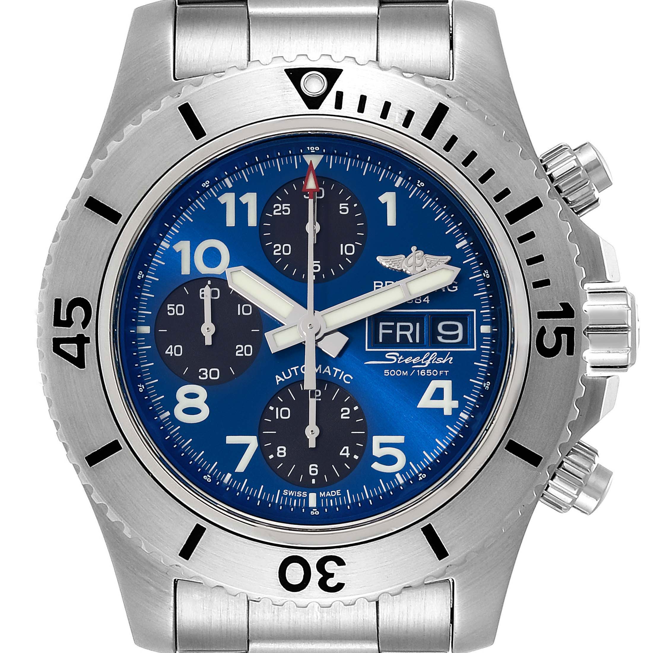 The Breitling Superocean A13341 Men's Stainless Steel Blue Dial A13341 Men's Stainless Steel Blue Dial watch is shown from a front angle, highlighting its blue dial, chronograph sub-dials, and stainless steel case.