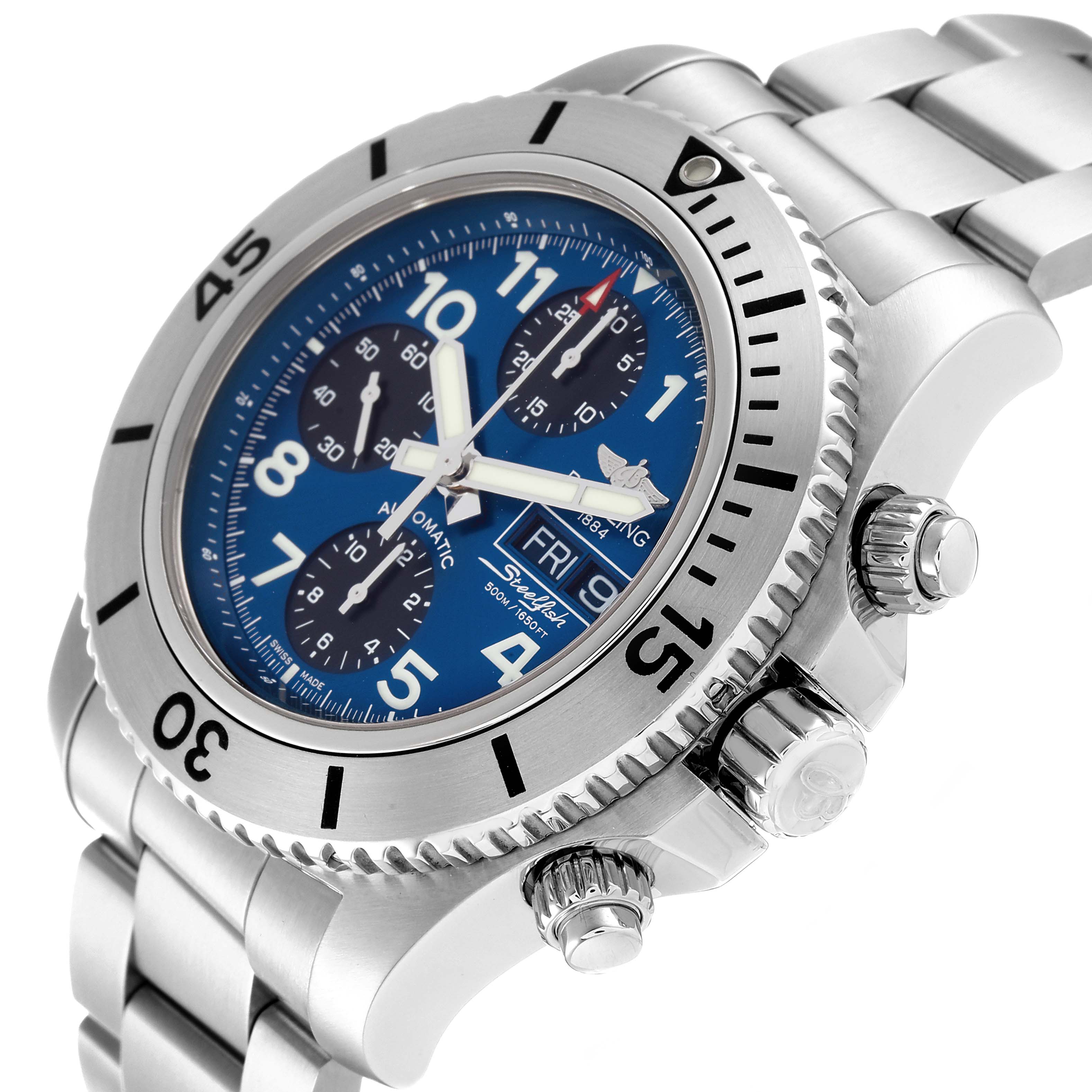 The Superocean by Breitling is shown from a slight side angle, featuring the dial, bezel, and crown.