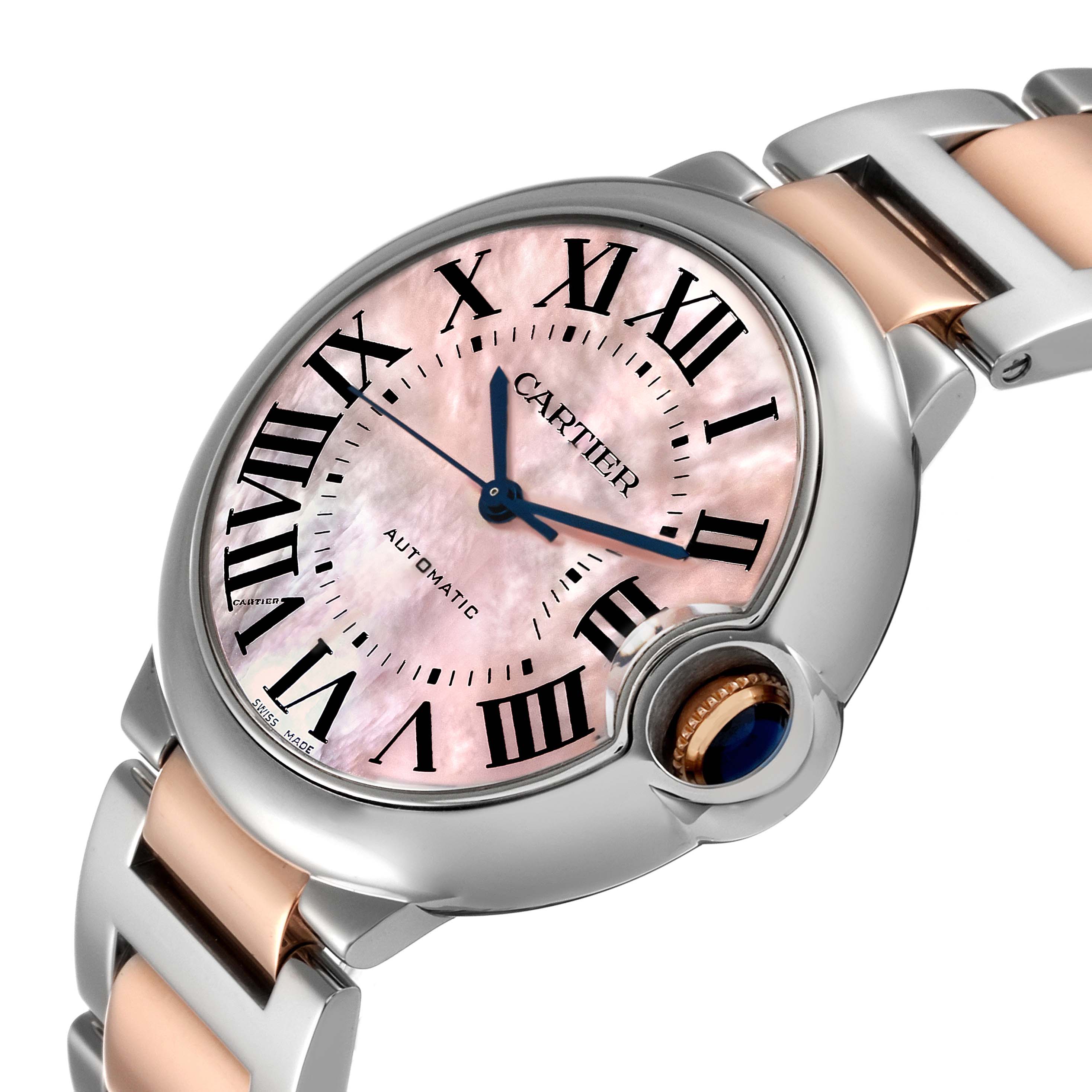The image shows a close-up angle of a Cartier Ballon Bleu W2BB0011 Women's Steel and Gold (two tone) Mother of Pearl Dial W2BB0011 Women's Steel and Gold (two tone) Mother of Pearl Dial watch, highlighting its face, crown, and part of the bracelet.