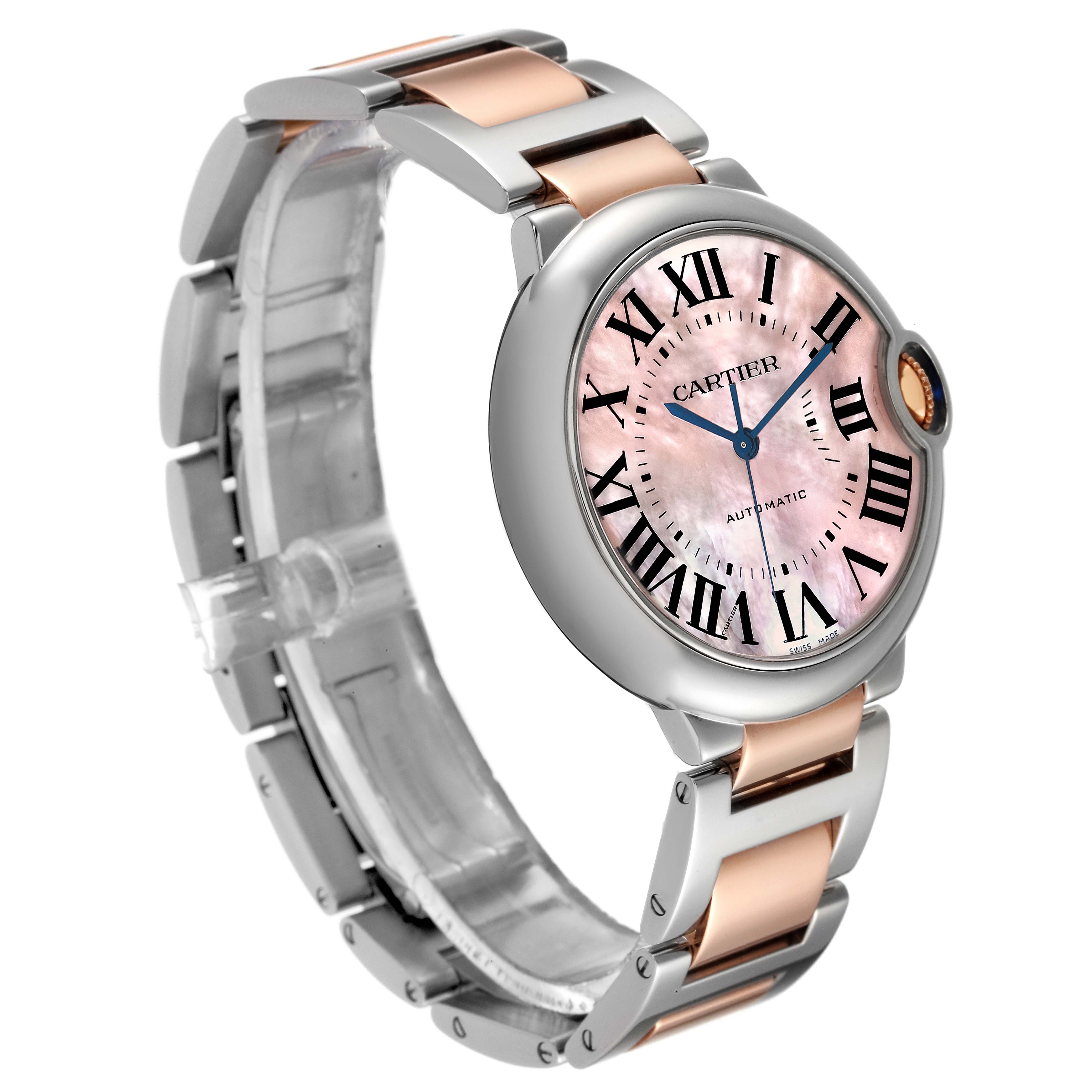 The image shows a side angle view of a Cartier Ballon Bleu W2BB0011 Women's Steel and Gold (two tone) Mother of Pearl Dial W2BB0011 Women's Steel and Gold (two tone) Mother of Pearl Dial watch, highlighting its round pink dial, stainless steel, and rose gold bracelet.