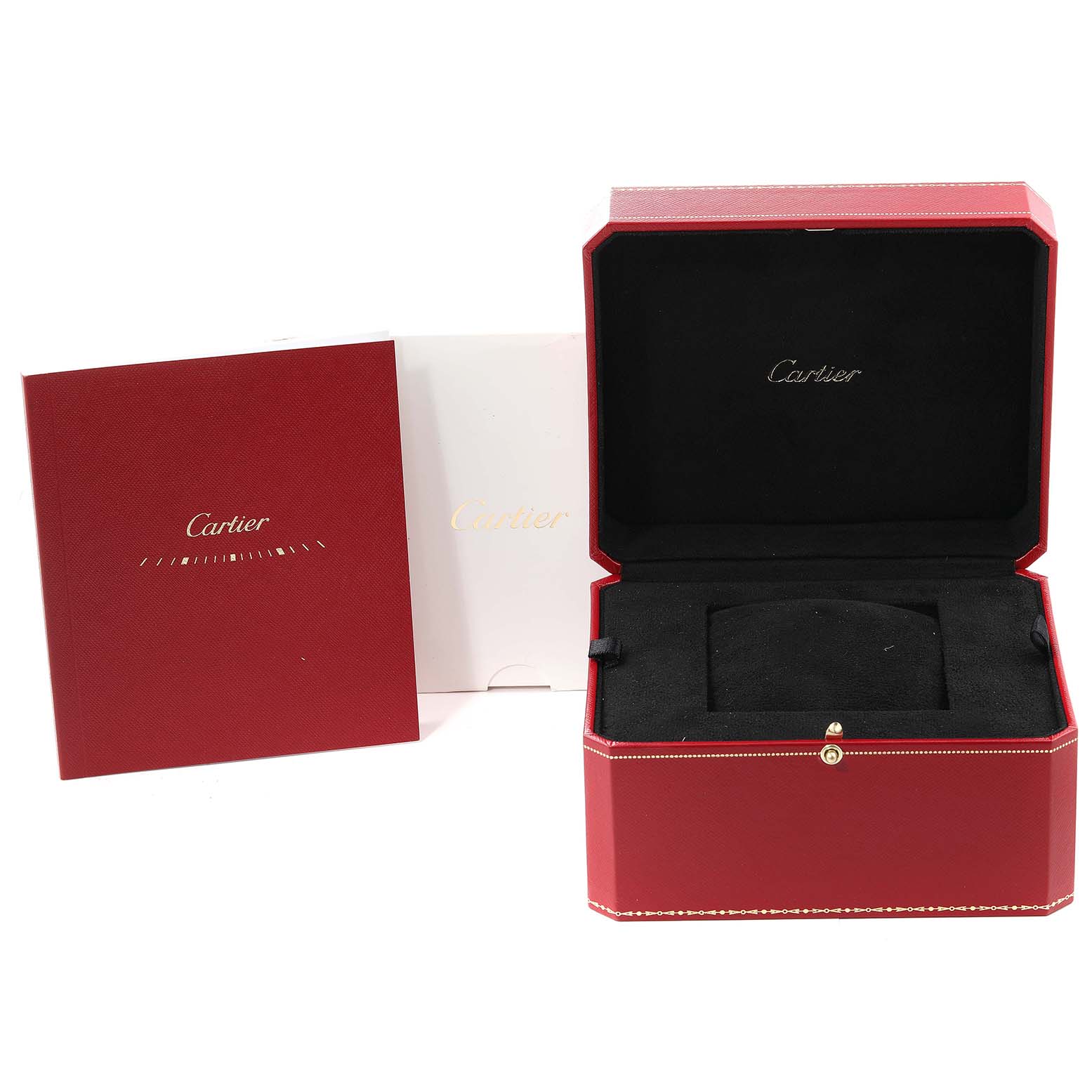 The image shows an empty red Cartier watch box with a matching booklet, both for the Ballon Bleu model.