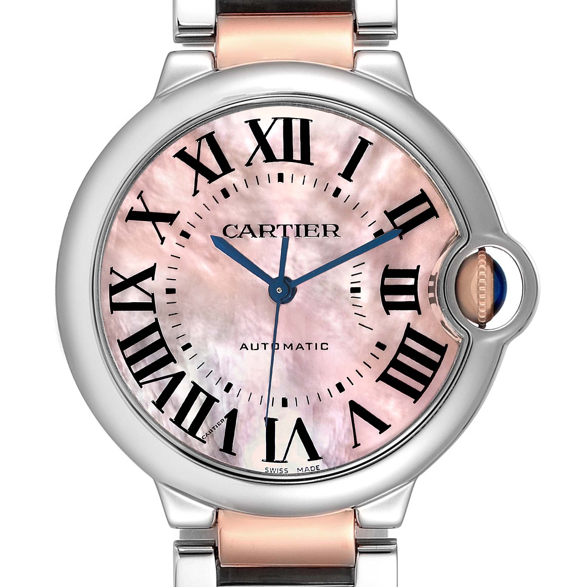 The image shows a close-up of the face of the Cartier Ballon Bleu W2BB0011 Women's Steel and Gold (two tone) Mother of Pearl Dial W2BB0011 Women's Steel and Gold (two tone) Mother of Pearl Dial watch, highlighting its dial, hands, Roman numerals, and crown.
