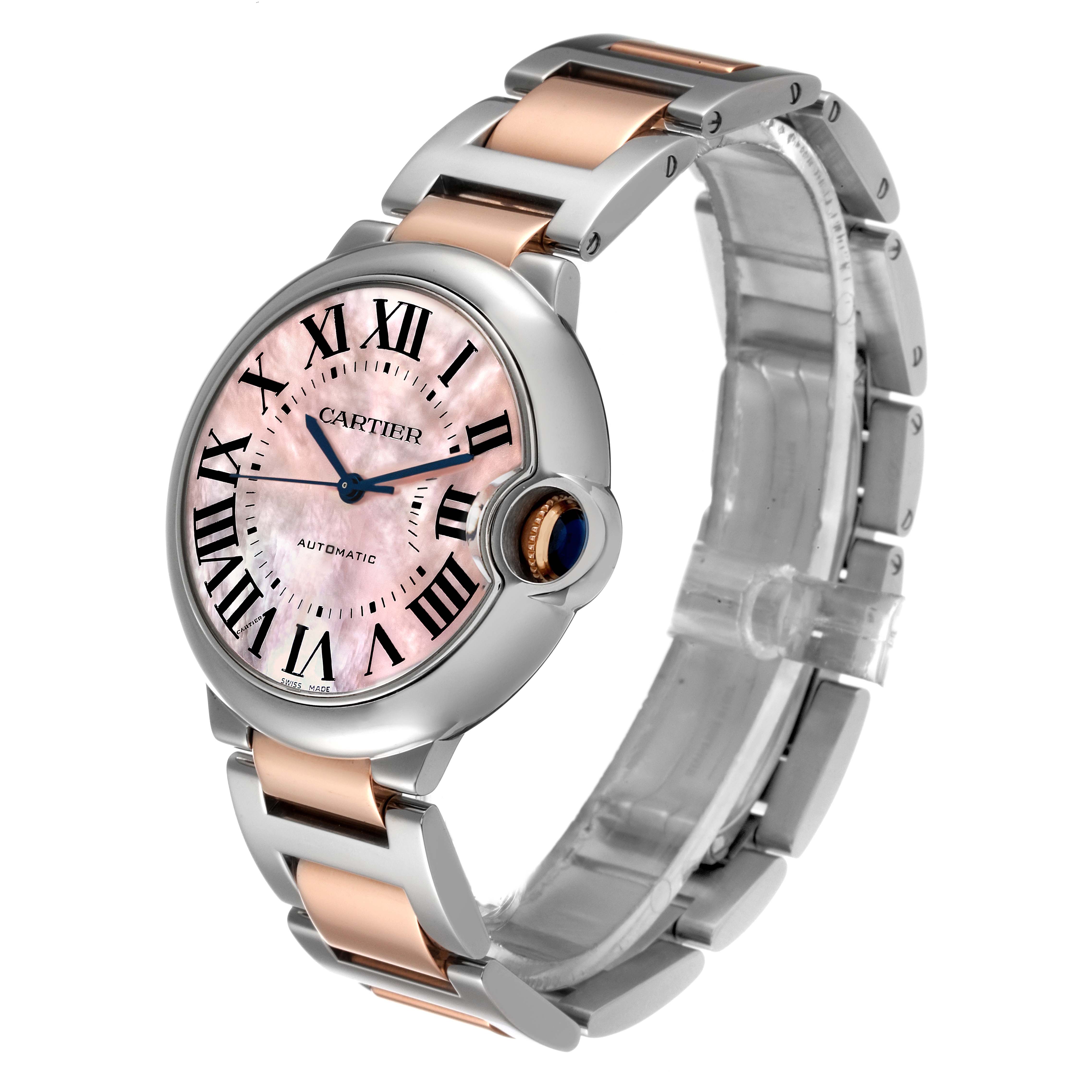 The image shows a Cartier Ballon Bleu W2BB0011 Women's Steel and Gold (two tone) Mother of Pearl Dial W2BB0011 Women's Steel and Gold (two tone) Mother of Pearl Dial watch from a front angle, highlighting its pink mother-of-pearl dial and two-tone bracelet.