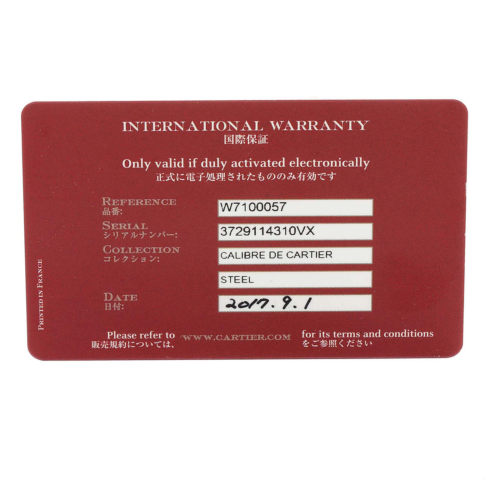 The image shows the international warranty card for the Calibre de Cartier model by Cartier, viewed from the front.