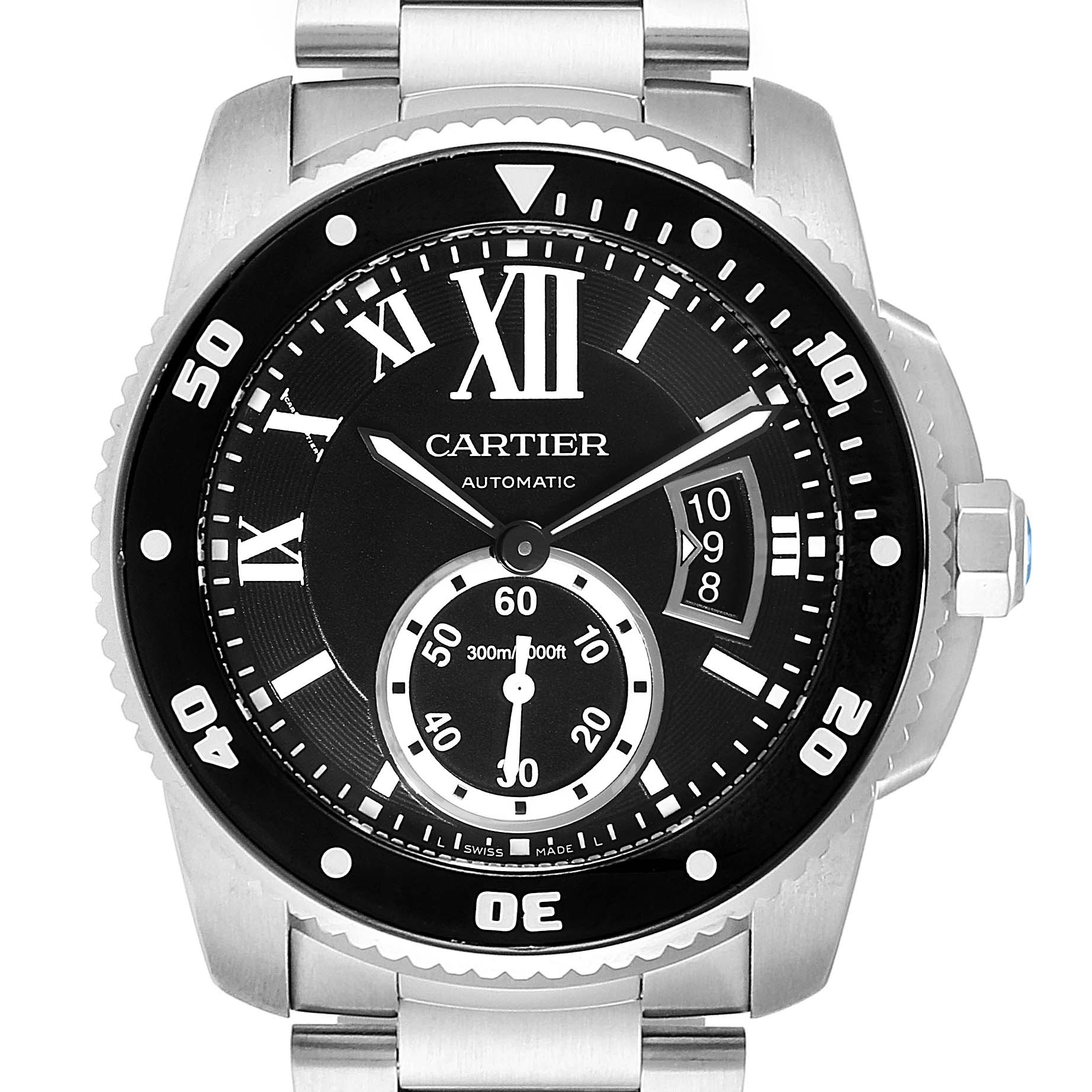 The image shows a frontal view of a Calibre de Cartier watch by Cartier, highlighting the face, hands, bezel, and part of the strap.