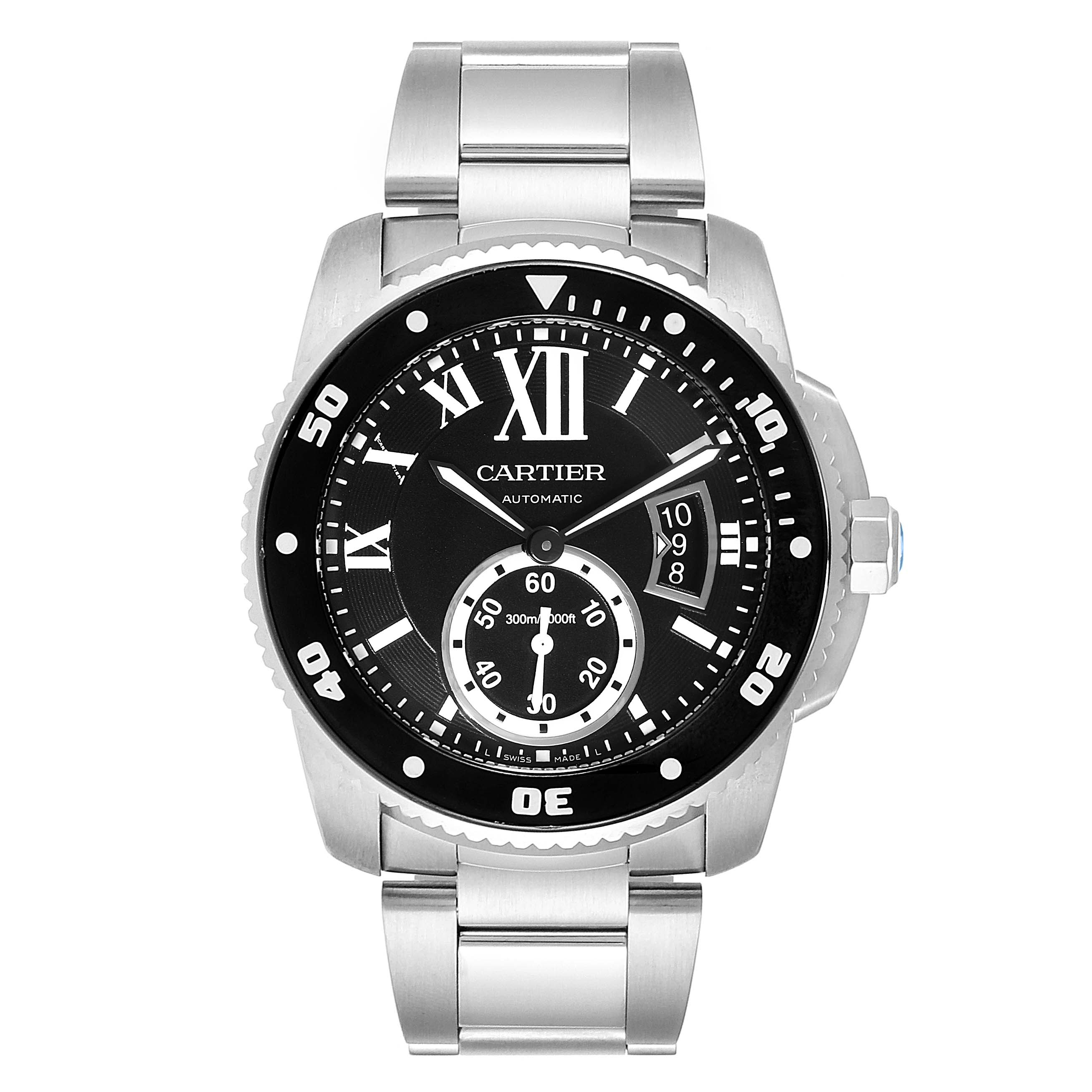 Frontal view of the Calibre de Cartier watch by Cartier, showing the face, bezel, and metal bracelet.