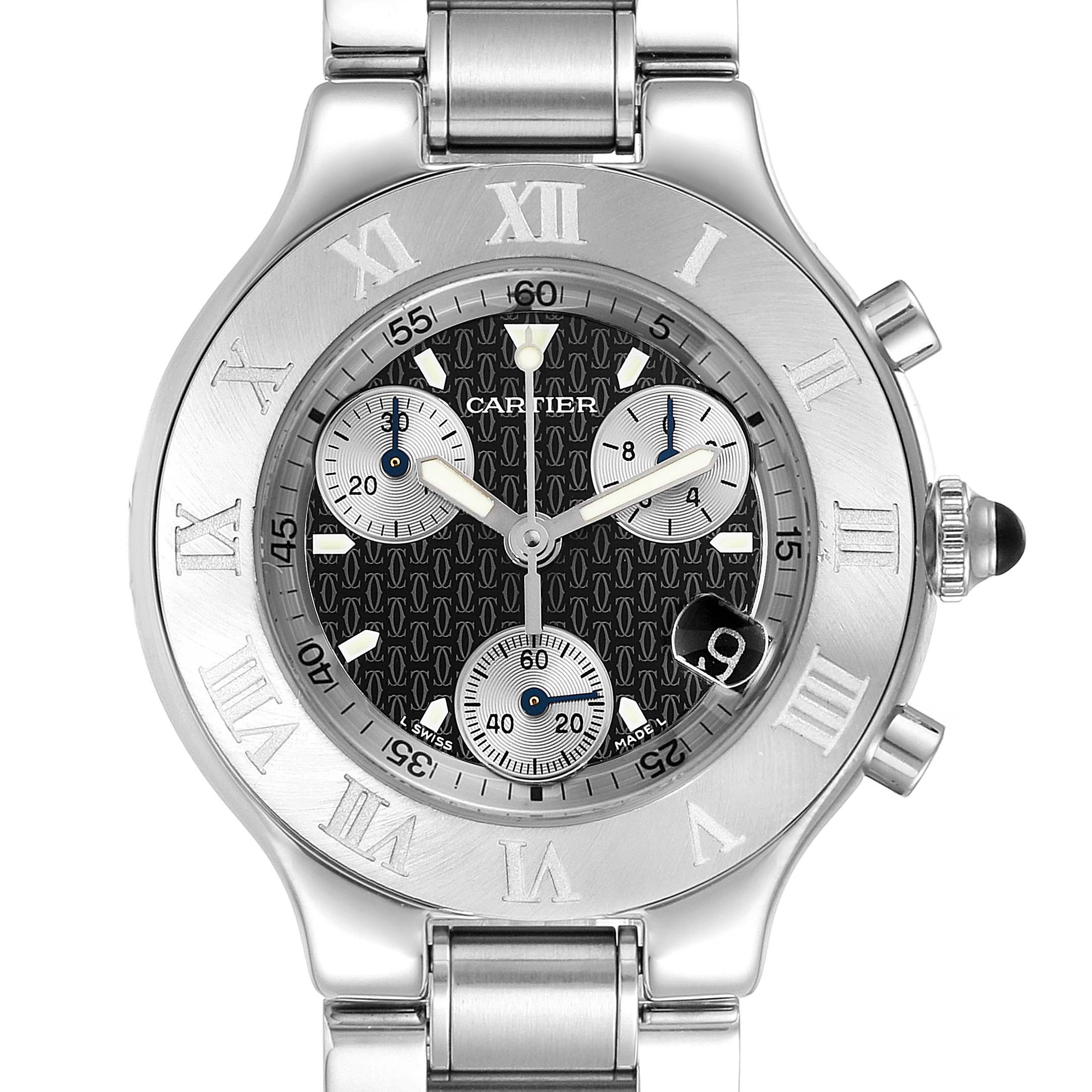 The image shows a frontal view of the Cartier Must 21 Chronoscaph W10172T2 Men
s Stainless Steel Black Dial W10172T2 Men
s Stainless Steel Black Dial watch, displaying the dial, bracelet, chronograph subdials, and Roman numeral bezel.
