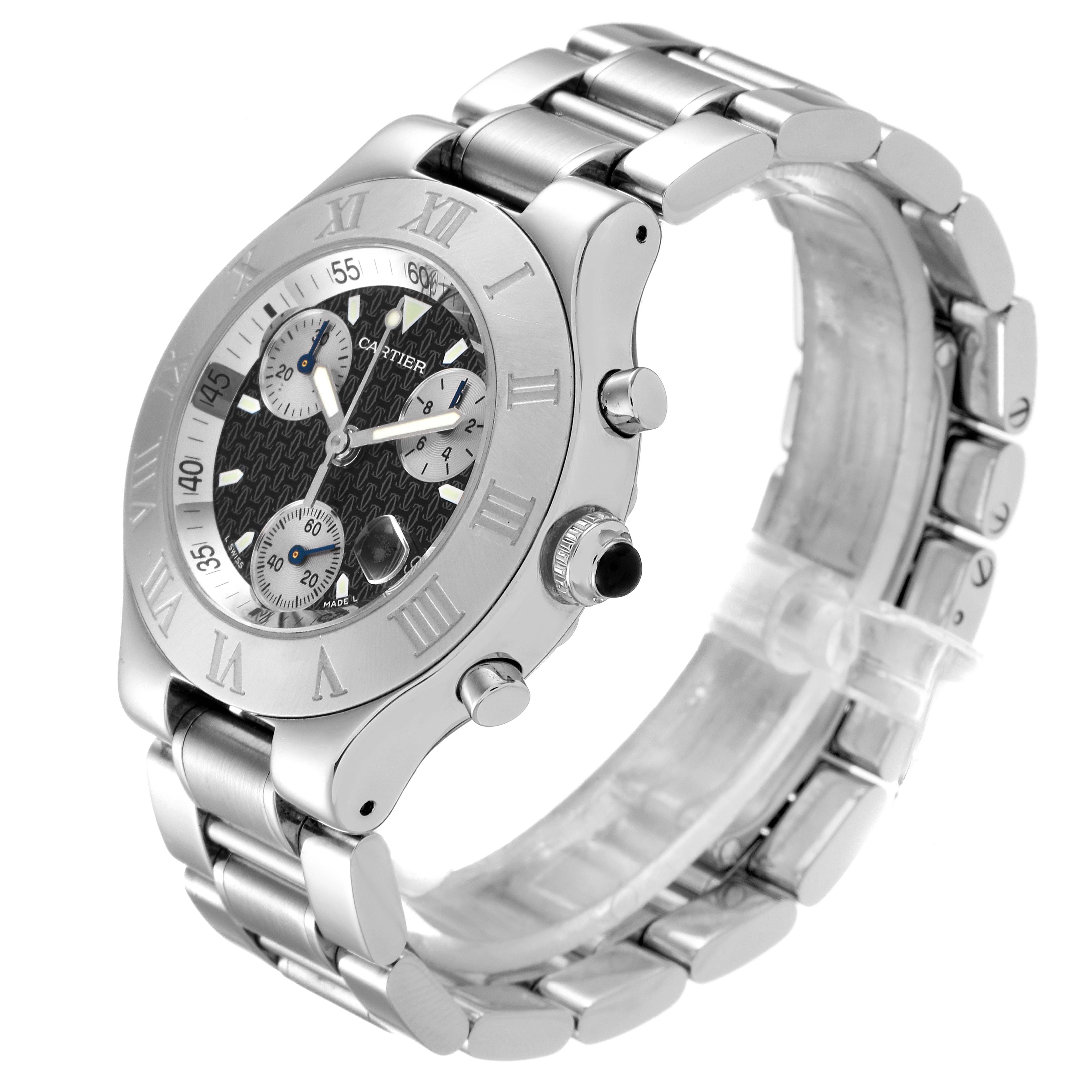 The Cartier Must 21 Chronoscaph W10172T2 Men
s Stainless Steel Black Dial W10172T2 Men
s Stainless Steel Black Dial watch is shown from a three-quarter angle, displaying the face, bezel, and stainless steel bracelet.