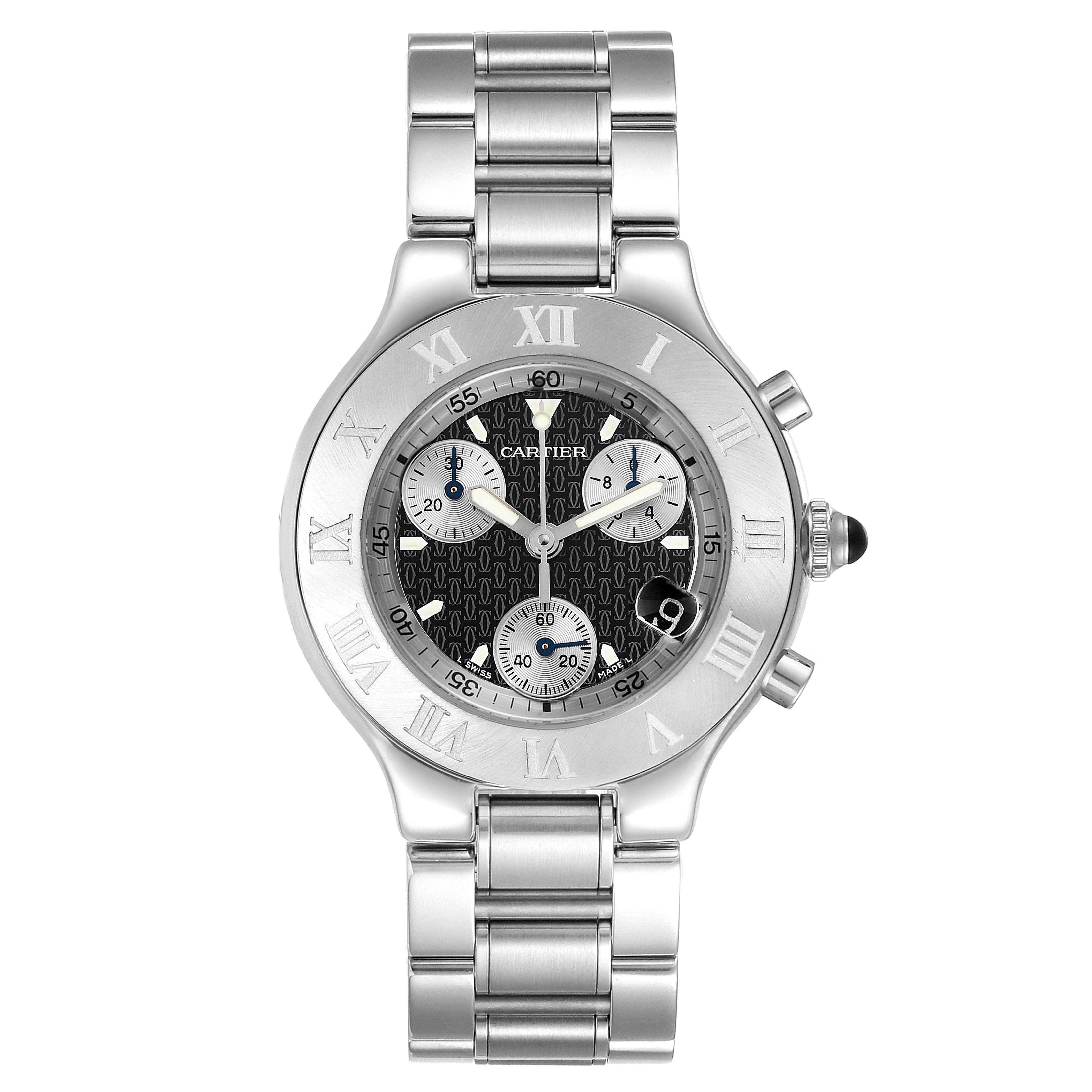 The image shows a front view of the Cartier Must 21 Chronoscaph W10172T2 Men
s Stainless Steel Black Dial W10172T2 Men
s Stainless Steel Black Dial watch displaying the face, bezel, and bracelet fully.