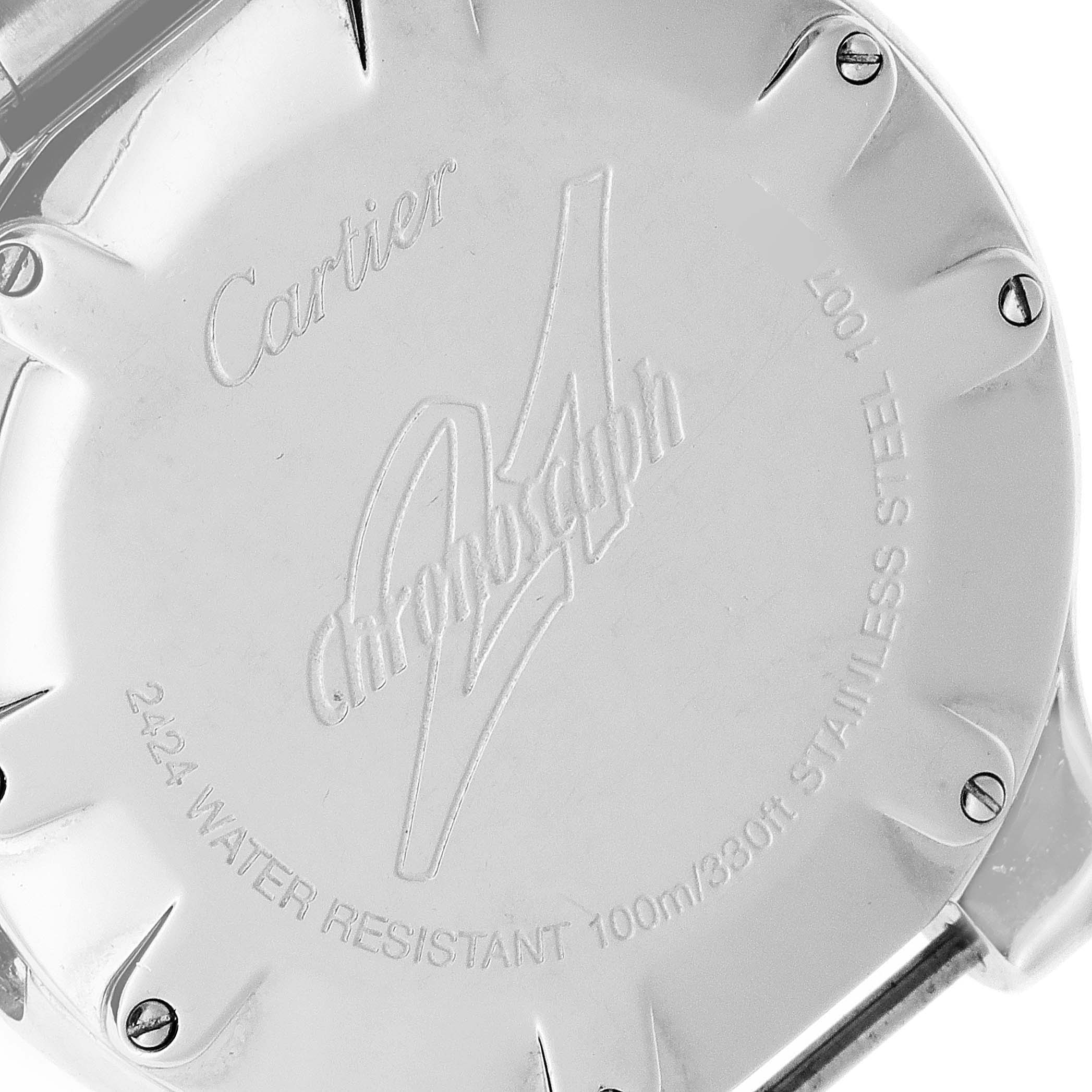 The image shows the case back of a Cartier Must 21 Chronoscaph W10172T2 Men
s Stainless Steel Black Dial W10172T2 Men
s Stainless Steel Black Dial watch, highlighting engravings and screws.