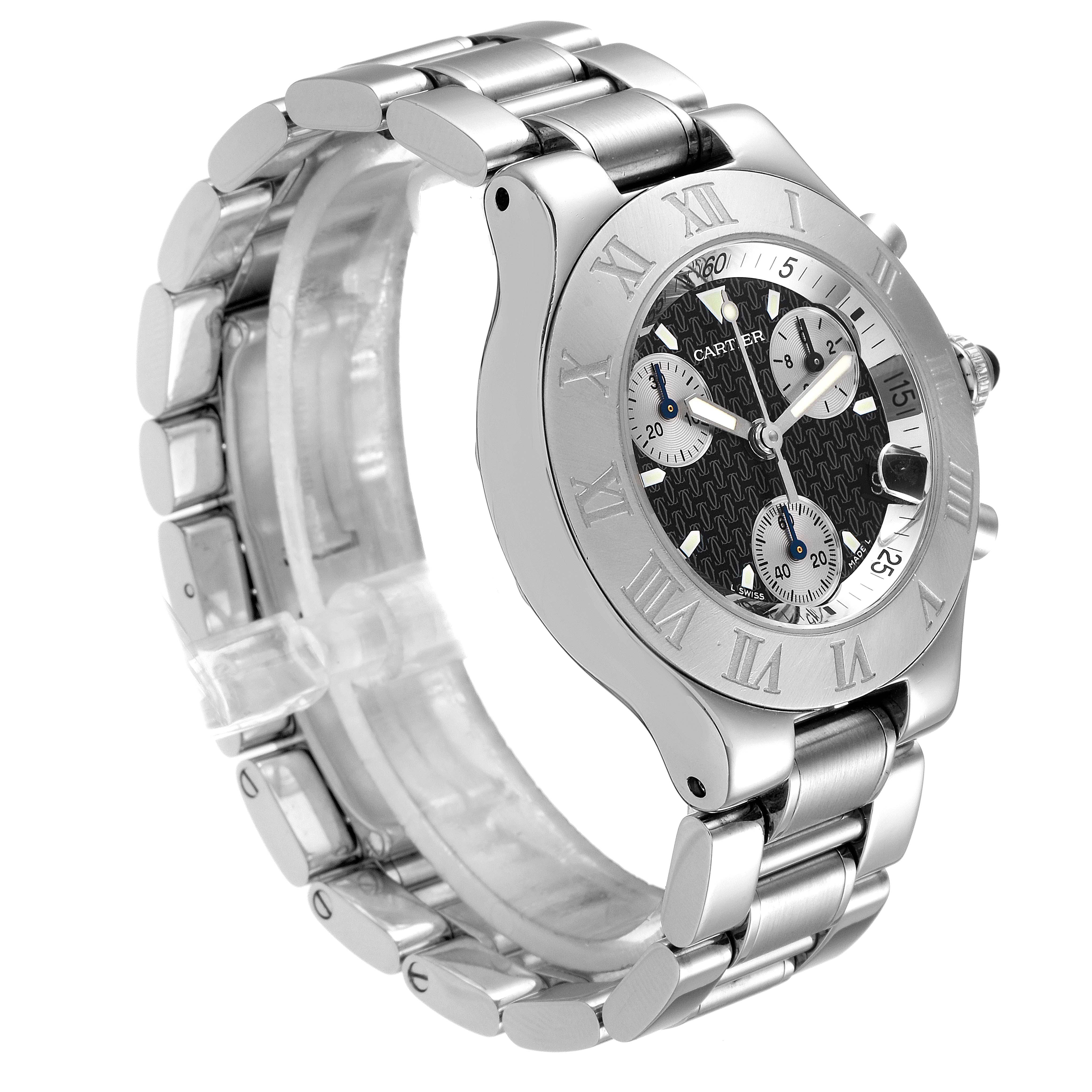 The Cartier Must 21 Chronoscaph W10172T2 Men
s Stainless Steel Black Dial W10172T2 Men
s Stainless Steel Black Dial watch is shown at a slight angle, displaying its face, metal bracelet, and side buttons.