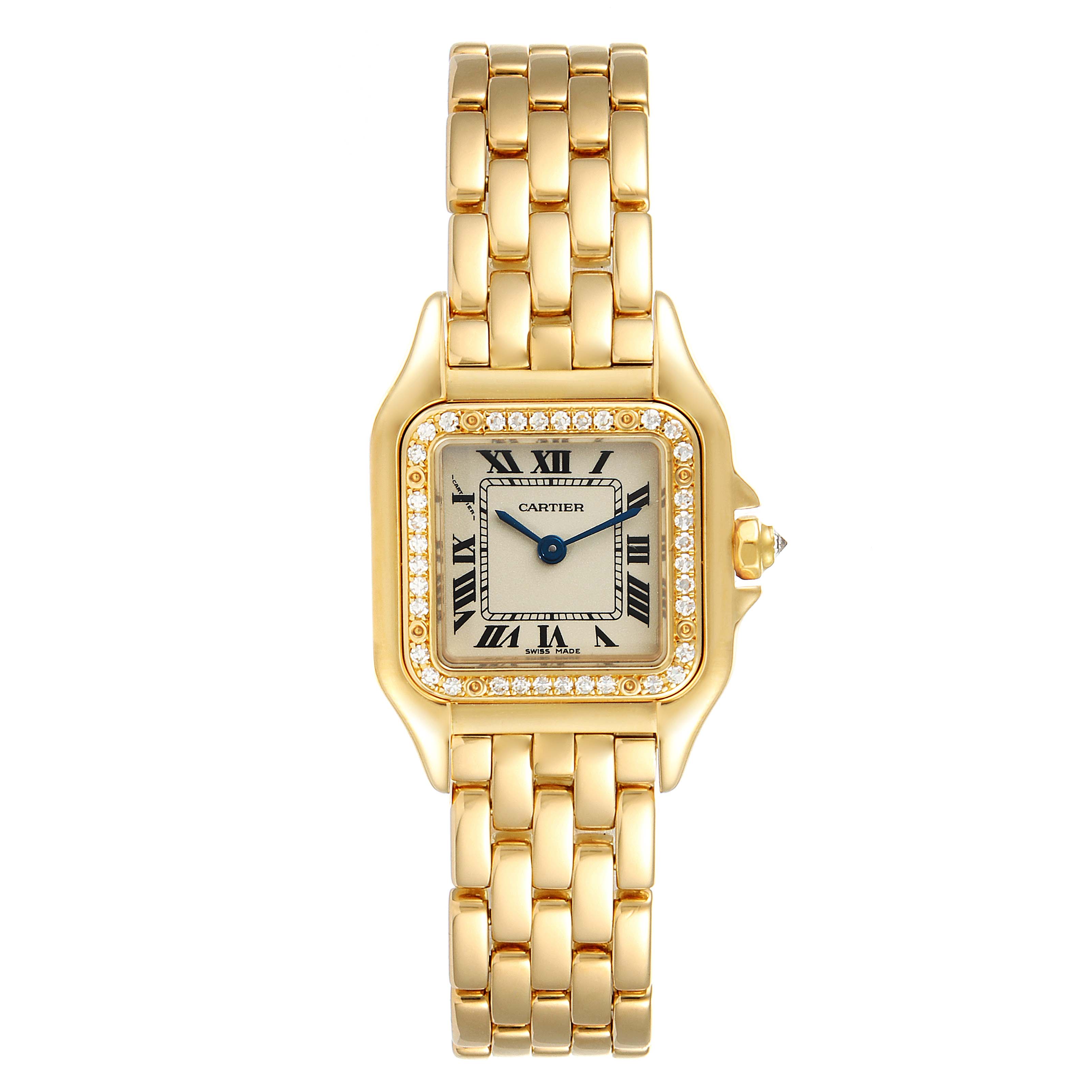 This is a front angle view of the Cartier Panthère model watch, showing the dial, bezel, and bracelet in gold with diamond accents.