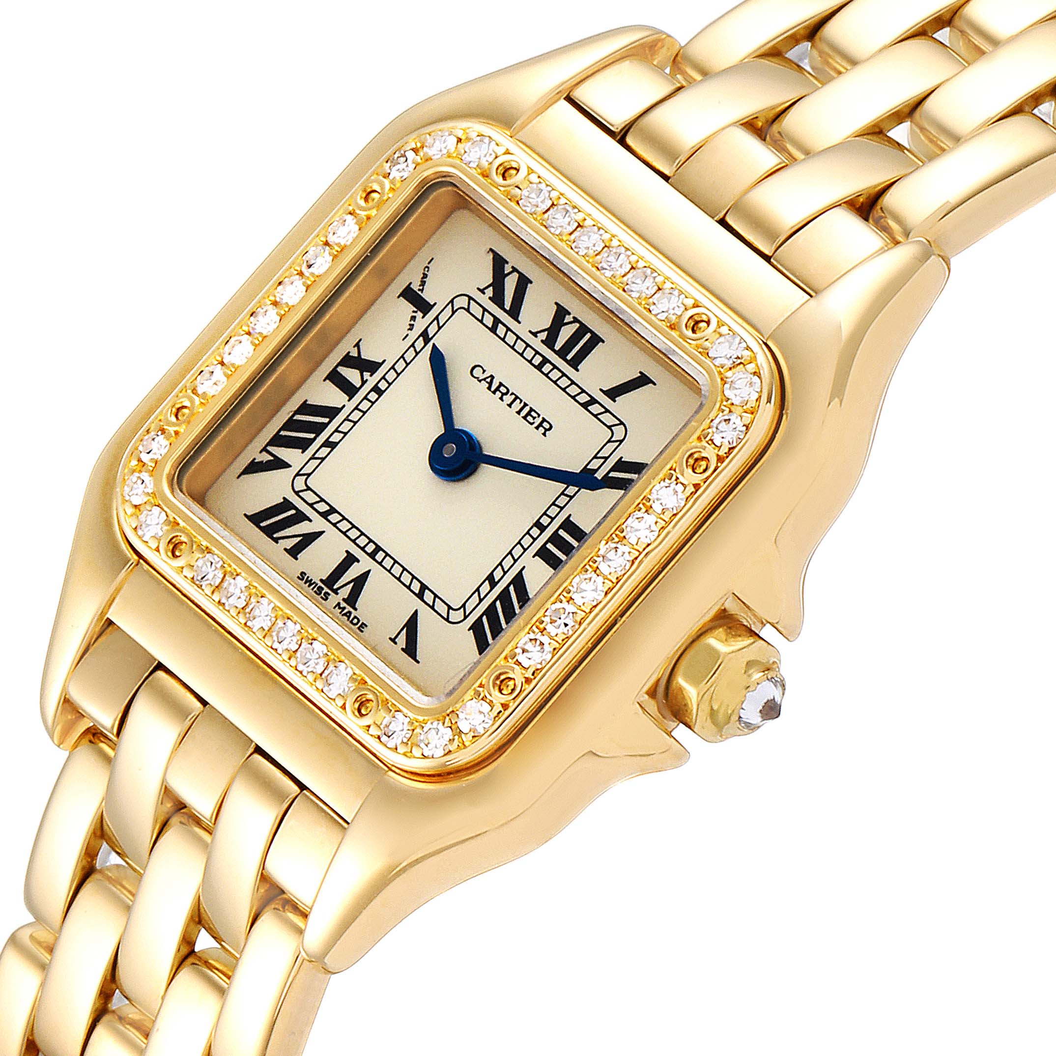 The image shows a close-up of the Cartier Panthere WF3070B9 Women's Yellow Gold Beige Dial WF3070B9 Women's Yellow Gold Beige Dial watch's face, bezel, and part of the gold bracelet at an angled view.