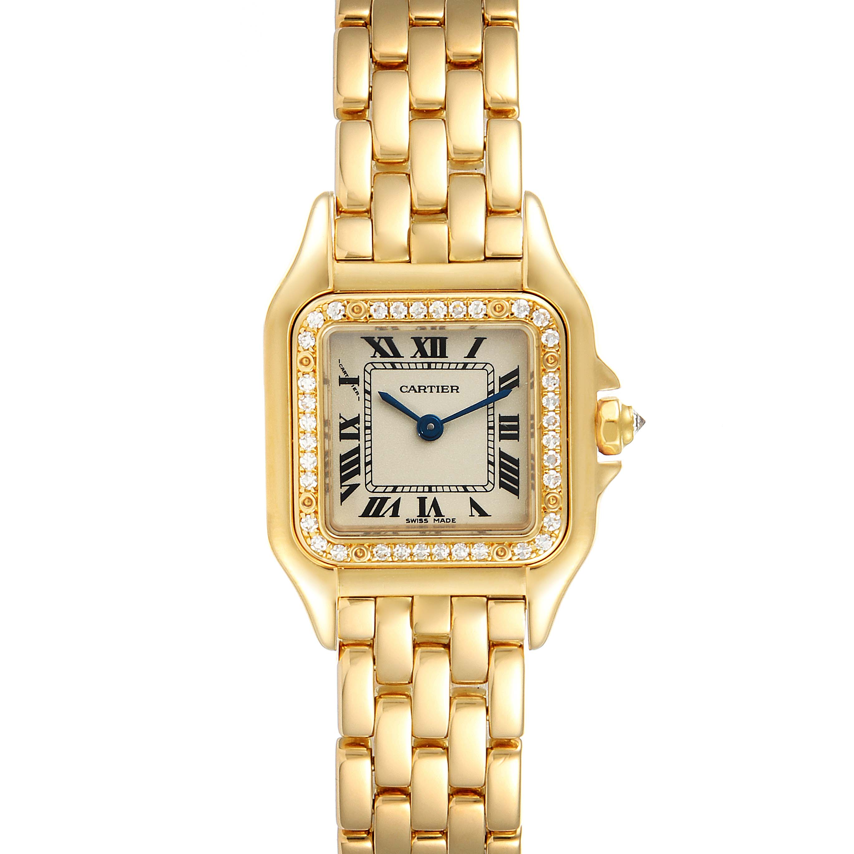 The image shows a Cartier Panthère model watch from a top-down angle, displaying the face, bezel, and part of the gold bracelet.