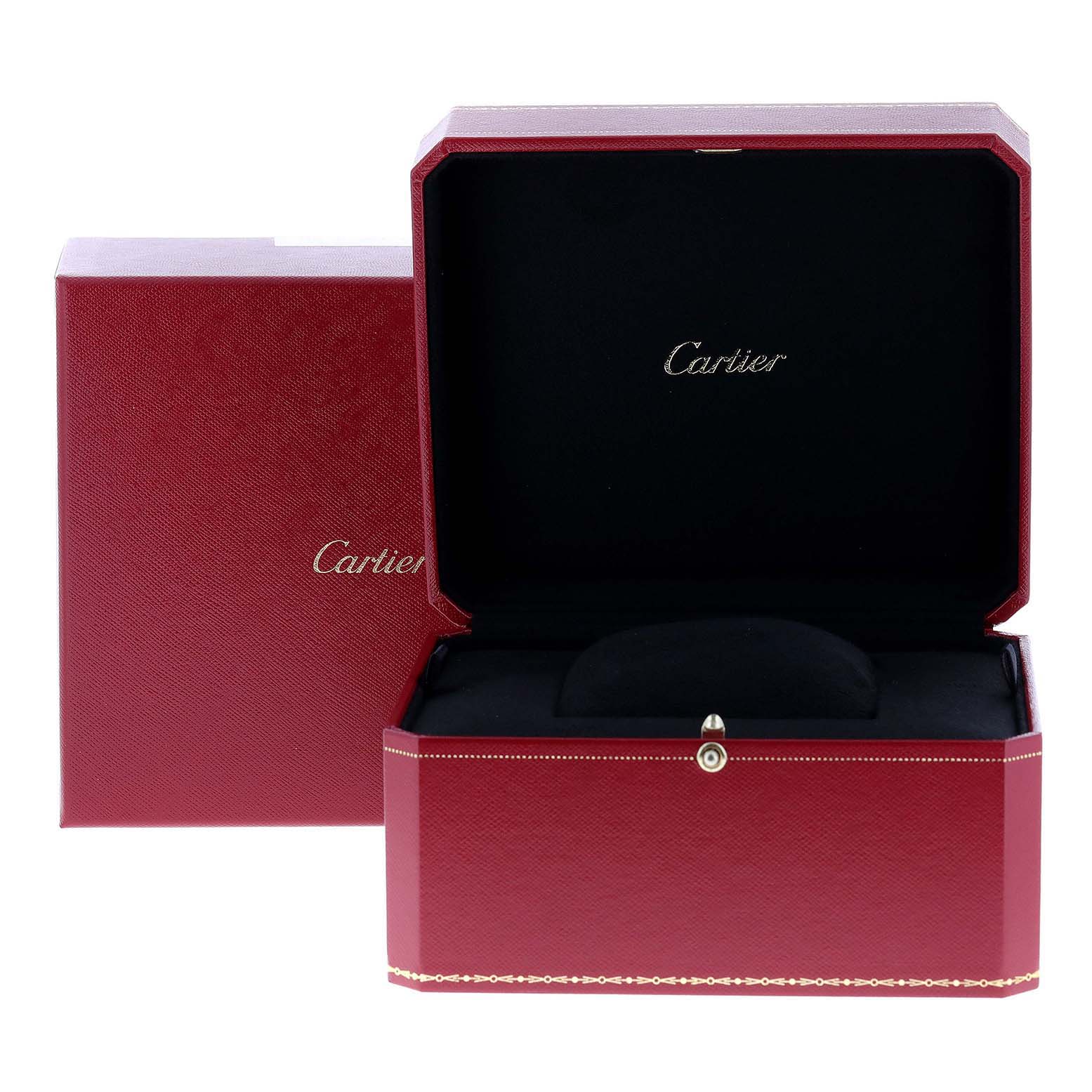 The image shows an open Cartier Panthere WF3070B9 Women's Yellow Gold Beige Dial WF3070B9 Women's Yellow Gold Beige Dial watch box in red with black interior.