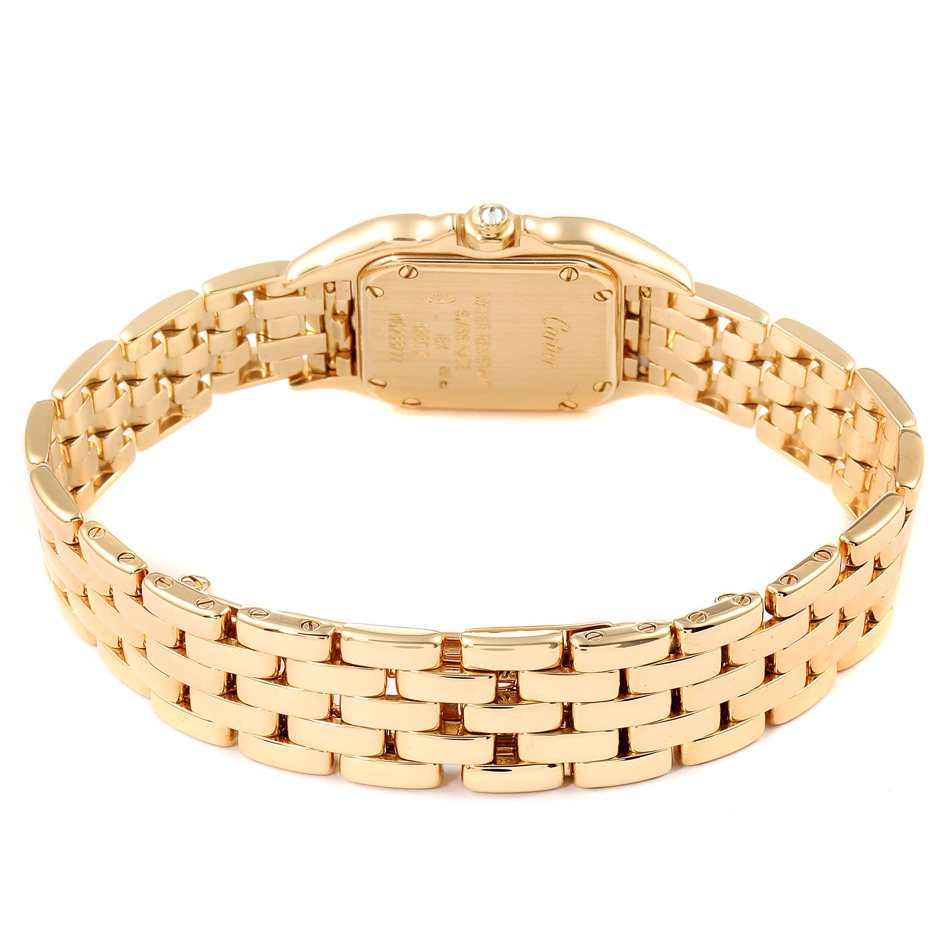 The image shows the back view of a Cartier Panthere WF3070B9 Women's Yellow Gold Beige Dial WF3070B9 Women's Yellow Gold Beige Dial watch, highlighting its gold case and linked bracelet.