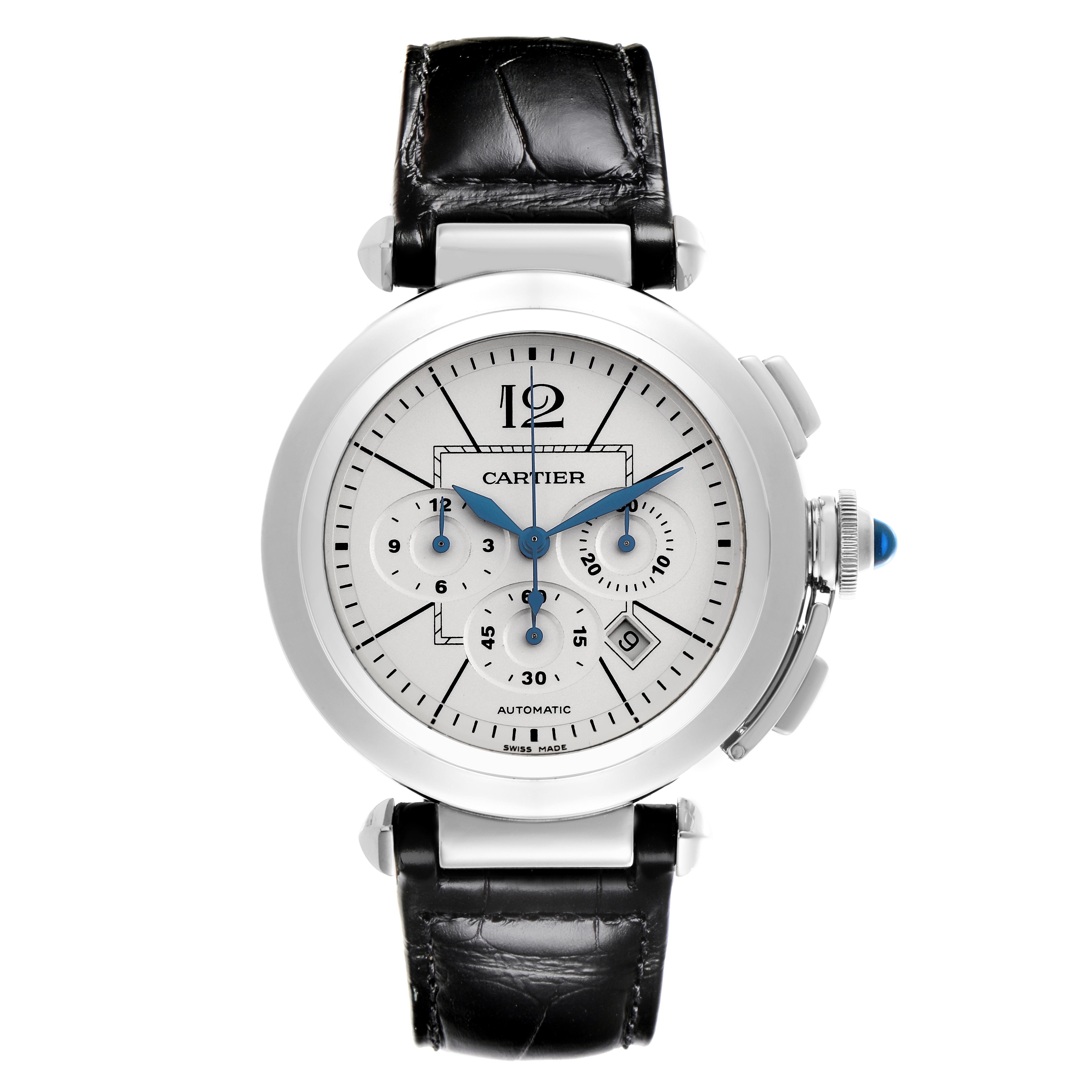 The Cartier Pasha W3108555 Men's Stainless Steel Silver Dial W3108555 Men's Stainless Steel Silver Dial watch is shown from the front, displaying the dial, subdials, and leather strap.