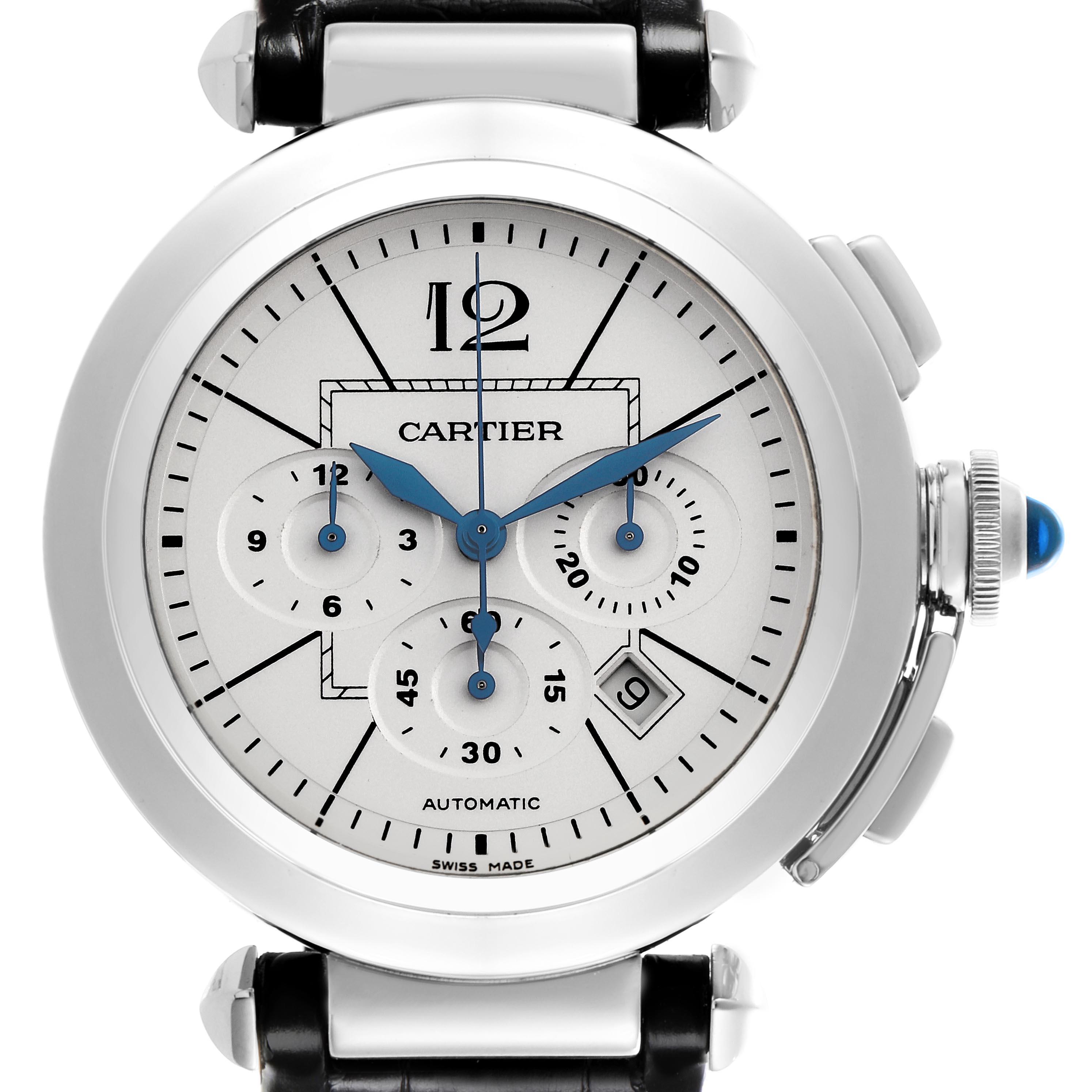 The Cartier Pasha W3108555 Men's Stainless Steel Silver Dial W3108555 Men's Stainless Steel Silver Dial watch is shown from the front, displaying the dial, subdials, and crown with its blue cabochon.