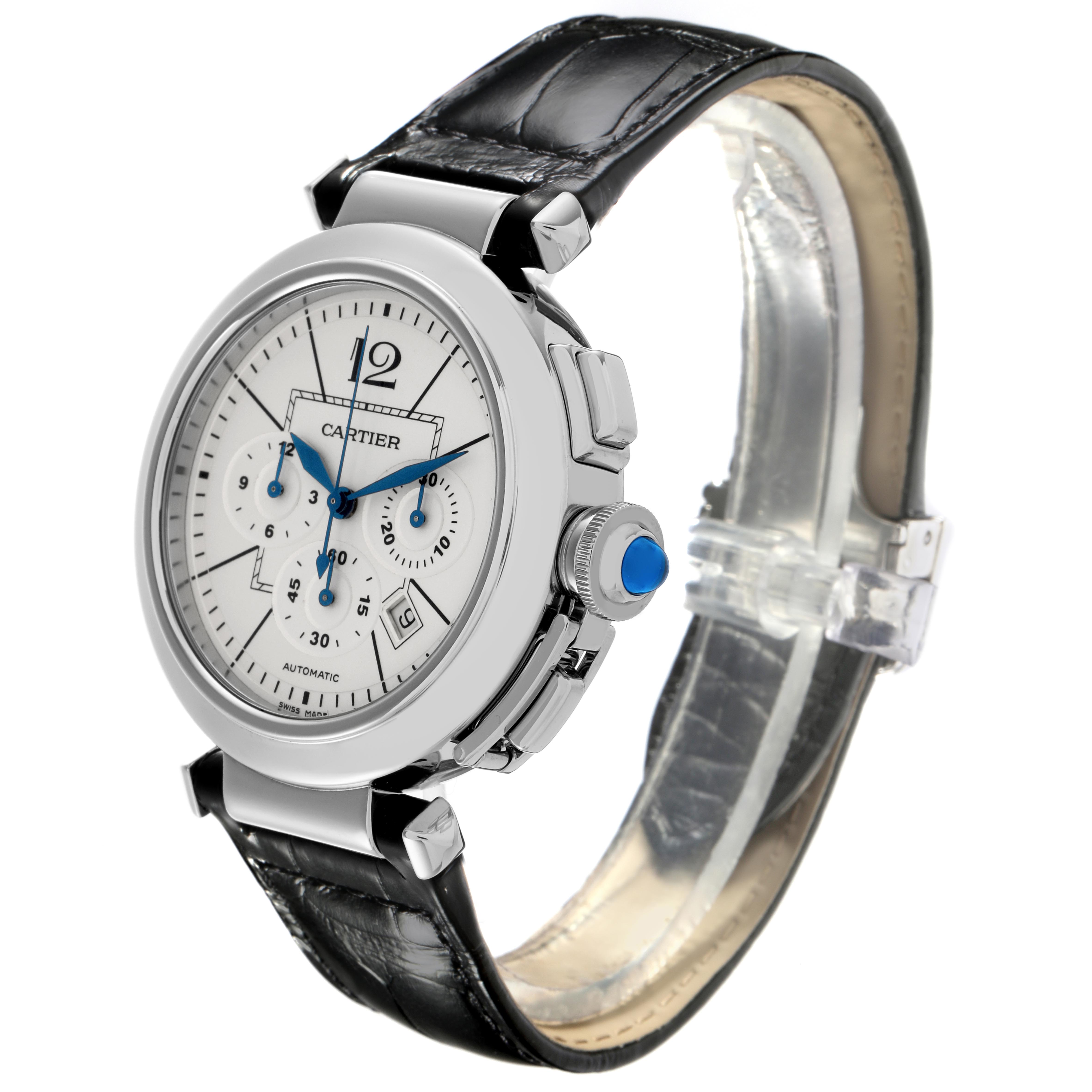 The Cartier Pasha W3108555 Men's Stainless Steel Silver Dial W3108555 Men's Stainless Steel Silver Dial watch is shown at a side angle, displaying the face, crown, subdials, and part of the leather strap.