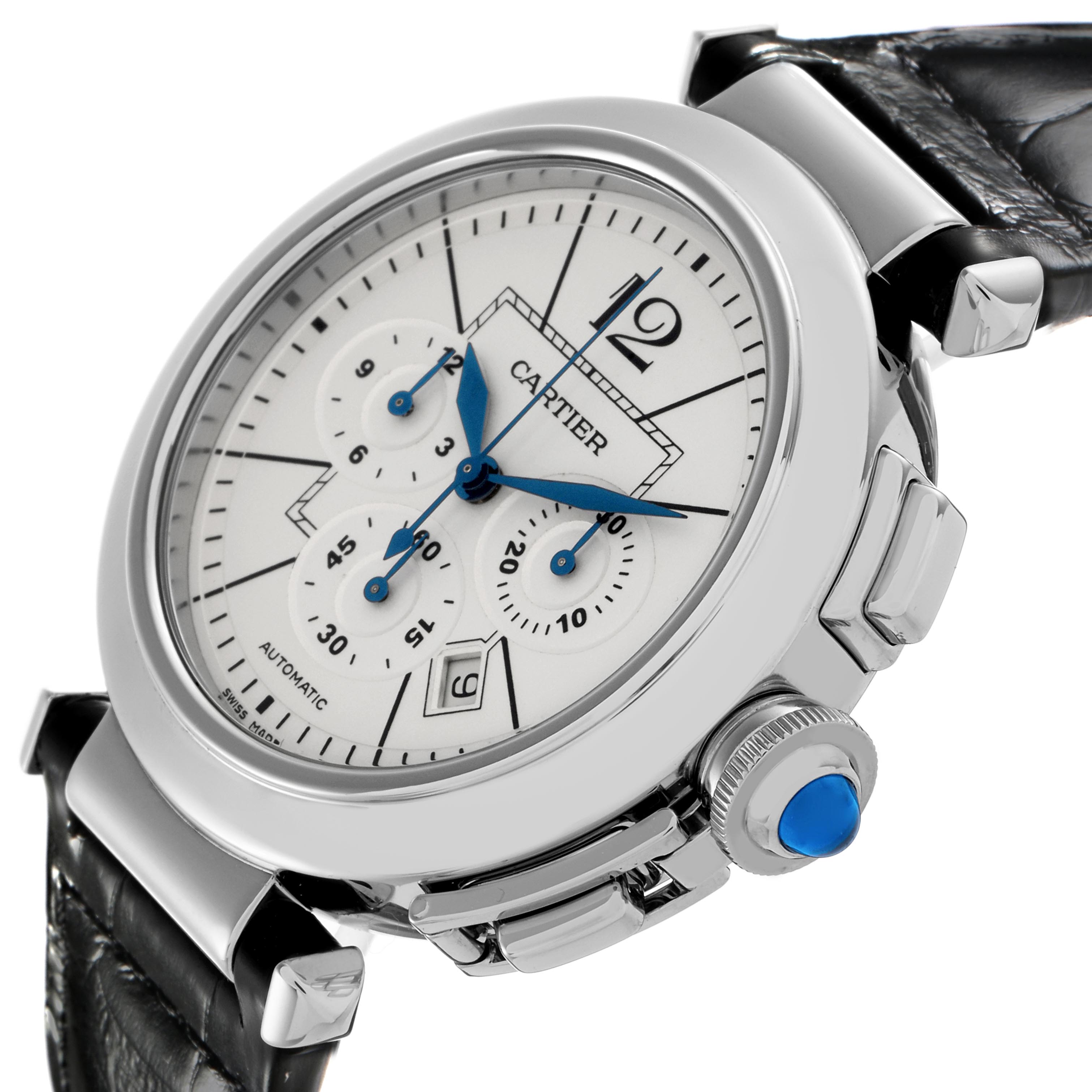 The Cartier Pasha W3108555 Men's Stainless Steel Silver Dial W3108555 Men's Stainless Steel Silver Dial watch is shown at a slight angle, highlighting its dial, chronograph sub-dials, pushers, crown, and lugs.