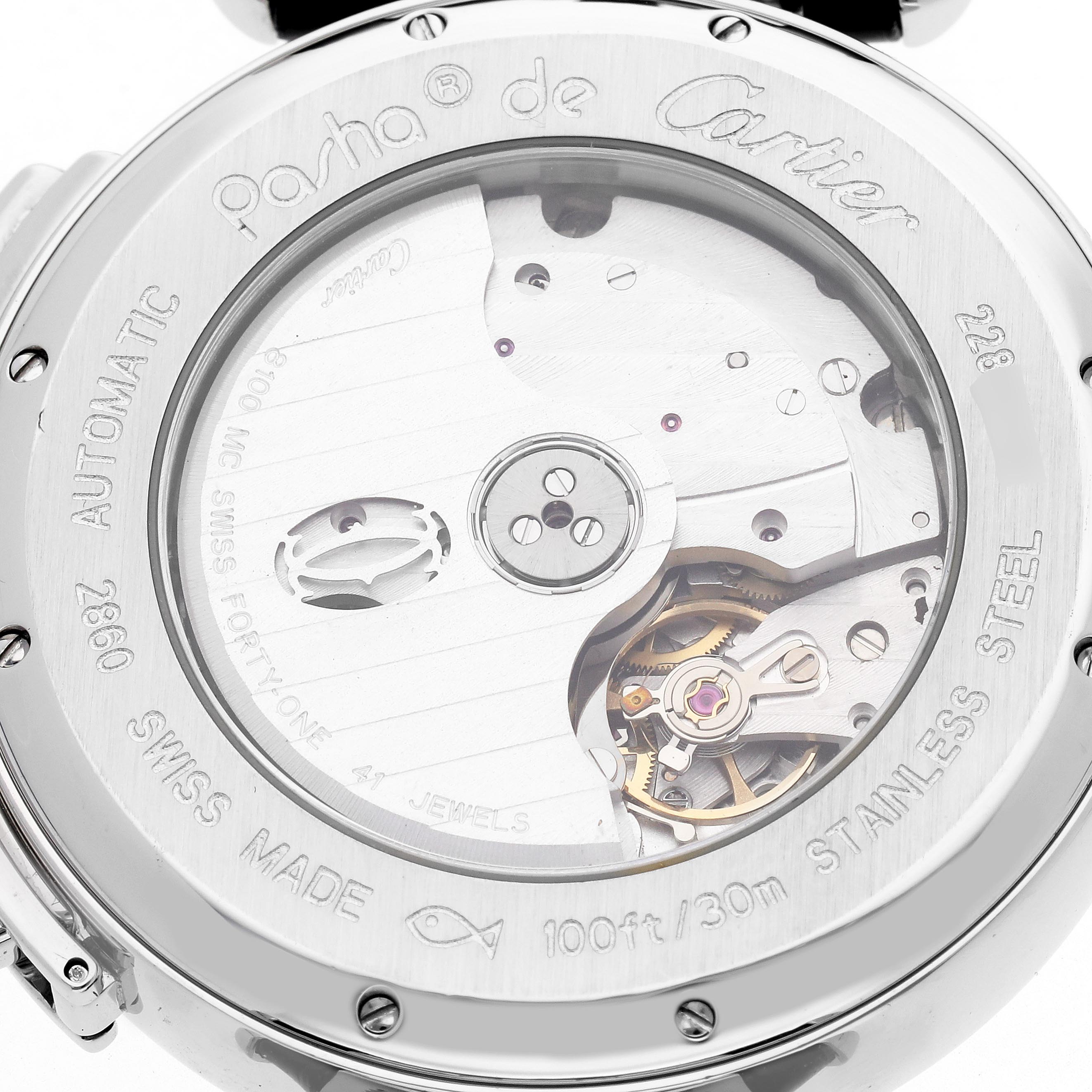 The image shows the back view of a Cartier Pasha W3108555 Men's Stainless Steel Silver Dial W3108555 Men's Stainless Steel Silver Dial watch, highlighting the movement and case details.