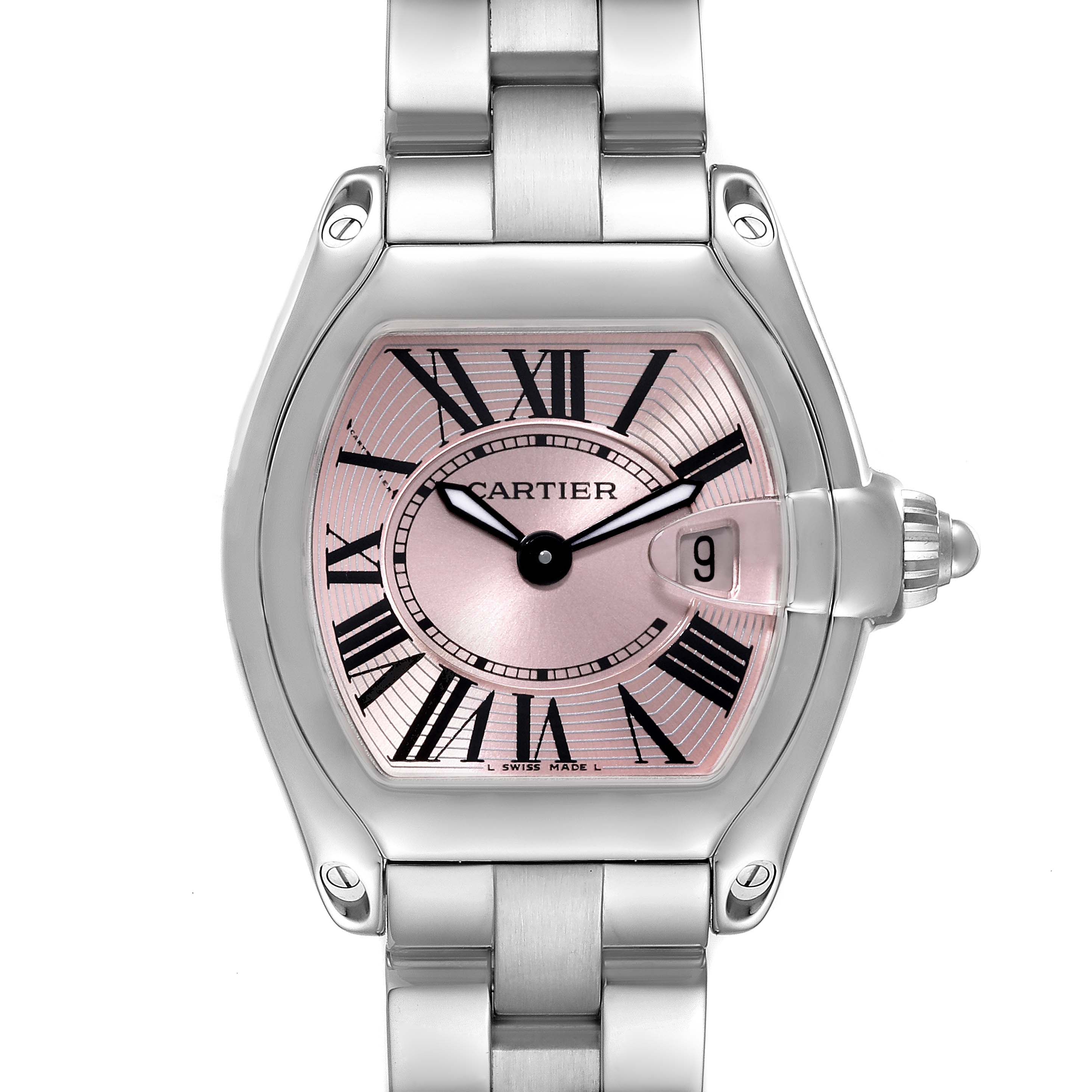 The image shows a Cartier Roadster W62017V3 Women's Stainless Steel Pink Dial W62017V3 Women's Stainless Steel Pink Dial watch from a front angle, highlighting the dial, bezel, crown, and part of the bracelet.
