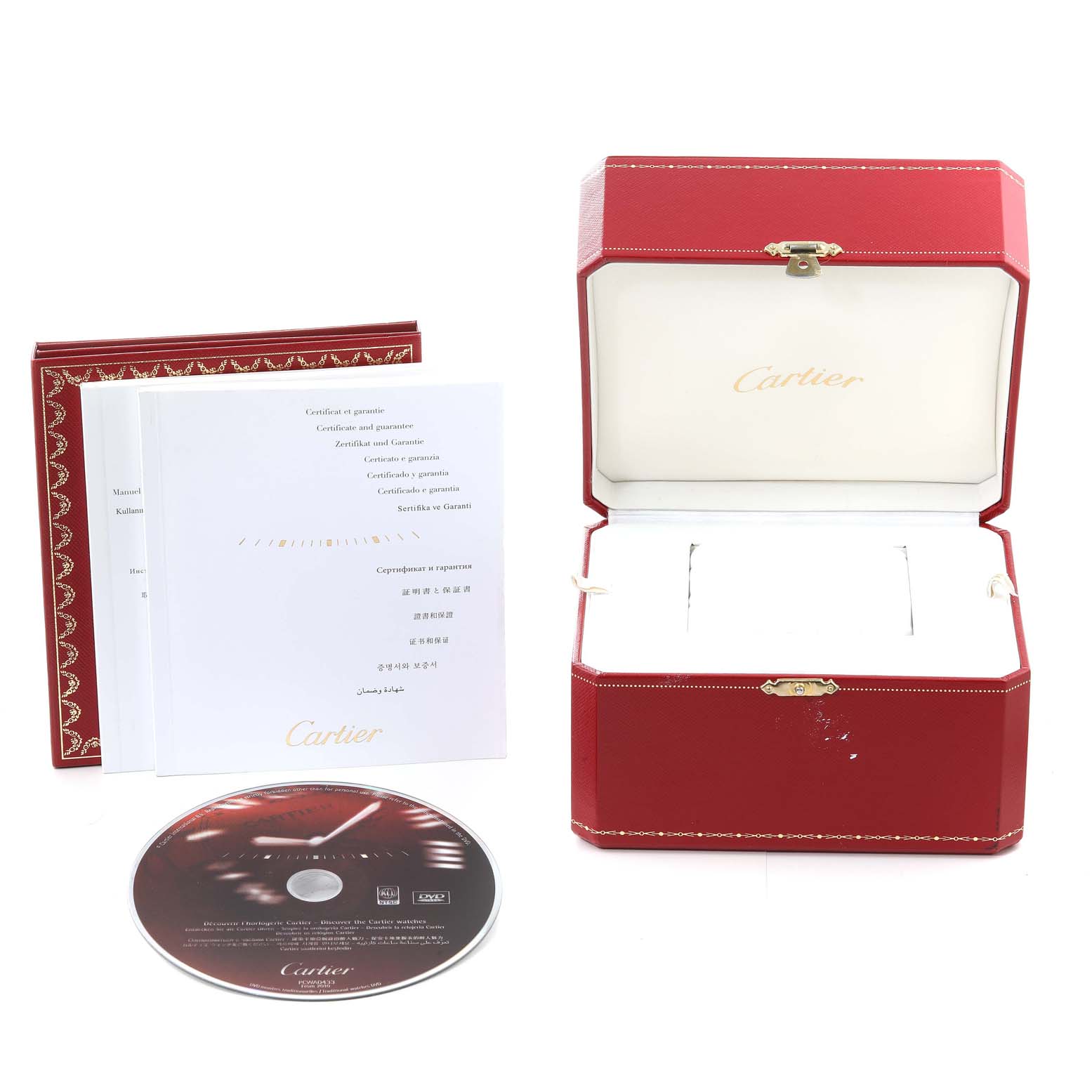 The image shows Cartier Roadster W62017V3 Women's Stainless Steel Pink Dial W62017V3 Women's Stainless Steel Pink Dial watch accessories, including a red box, manuals, and a CD, viewed from the front.