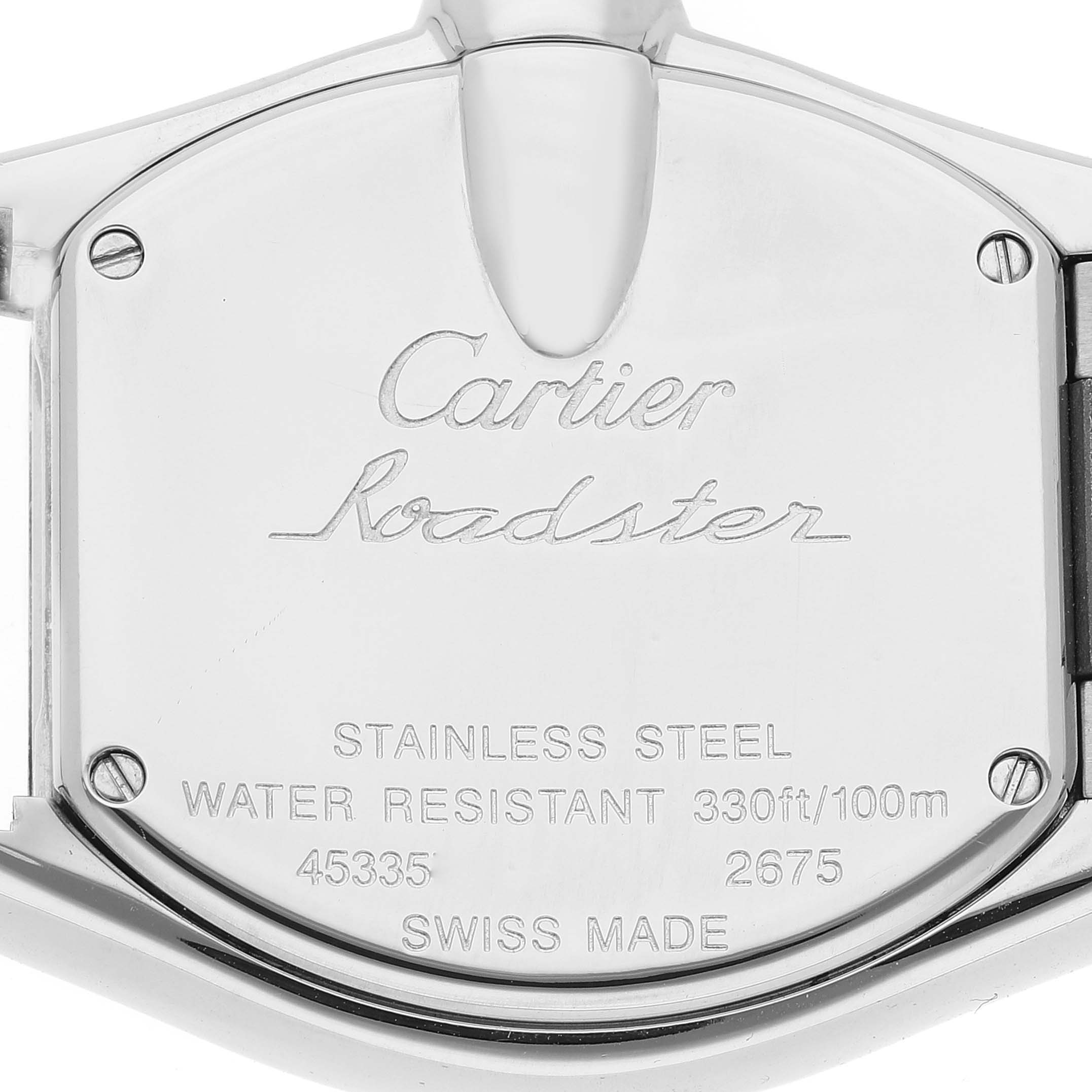 This image shows the back case of the Cartier Roadster W62017V3 Women's Stainless Steel Pink Dial W62017V3 Women's Stainless Steel Pink Dial watch in a close-up angle.