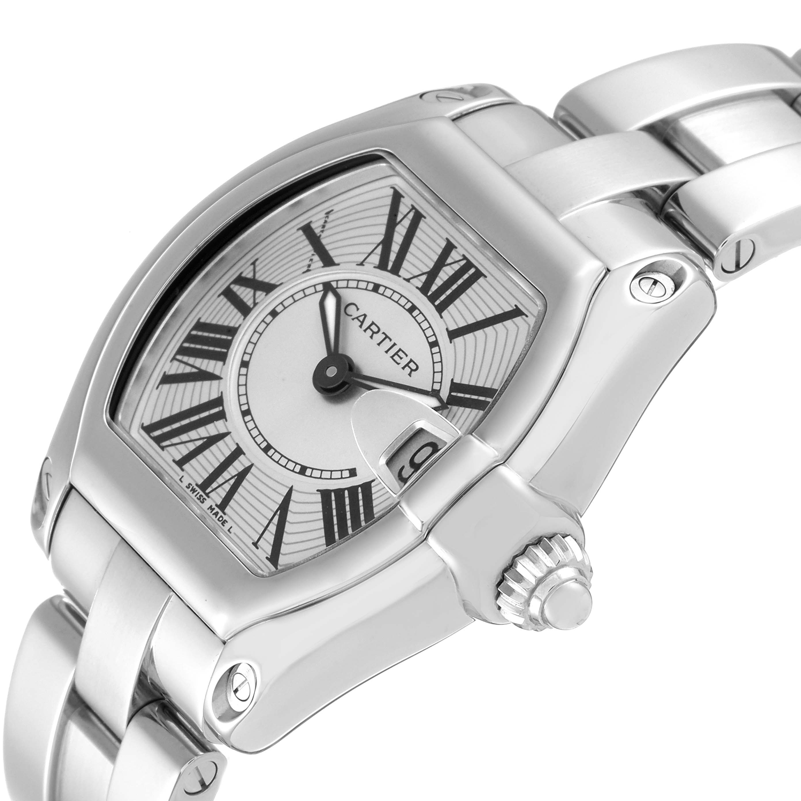 The image shows a Cartier Roadster W62016V3 Women's Stainless Steel Silver Dial W62016V3 Women's Stainless Steel Silver Dial watch at an angled view, highlighting the dial, crown, and part of the bracelet.