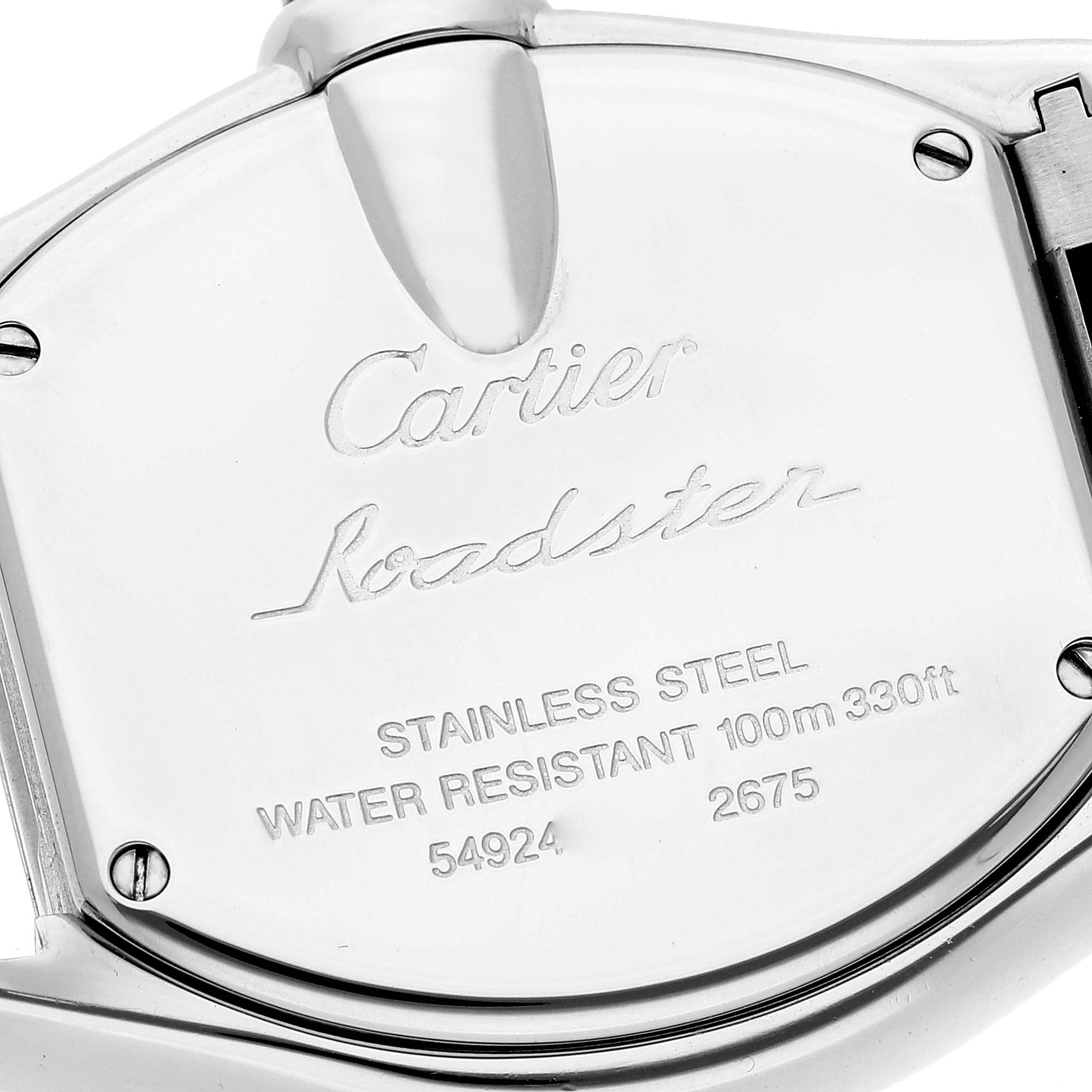 This image shows the back of a Cartier Roadster W62016V3 Women's Stainless Steel Silver Dial W62016V3 Women's Stainless Steel Silver Dial watch, highlighting the engraved details and specifications.