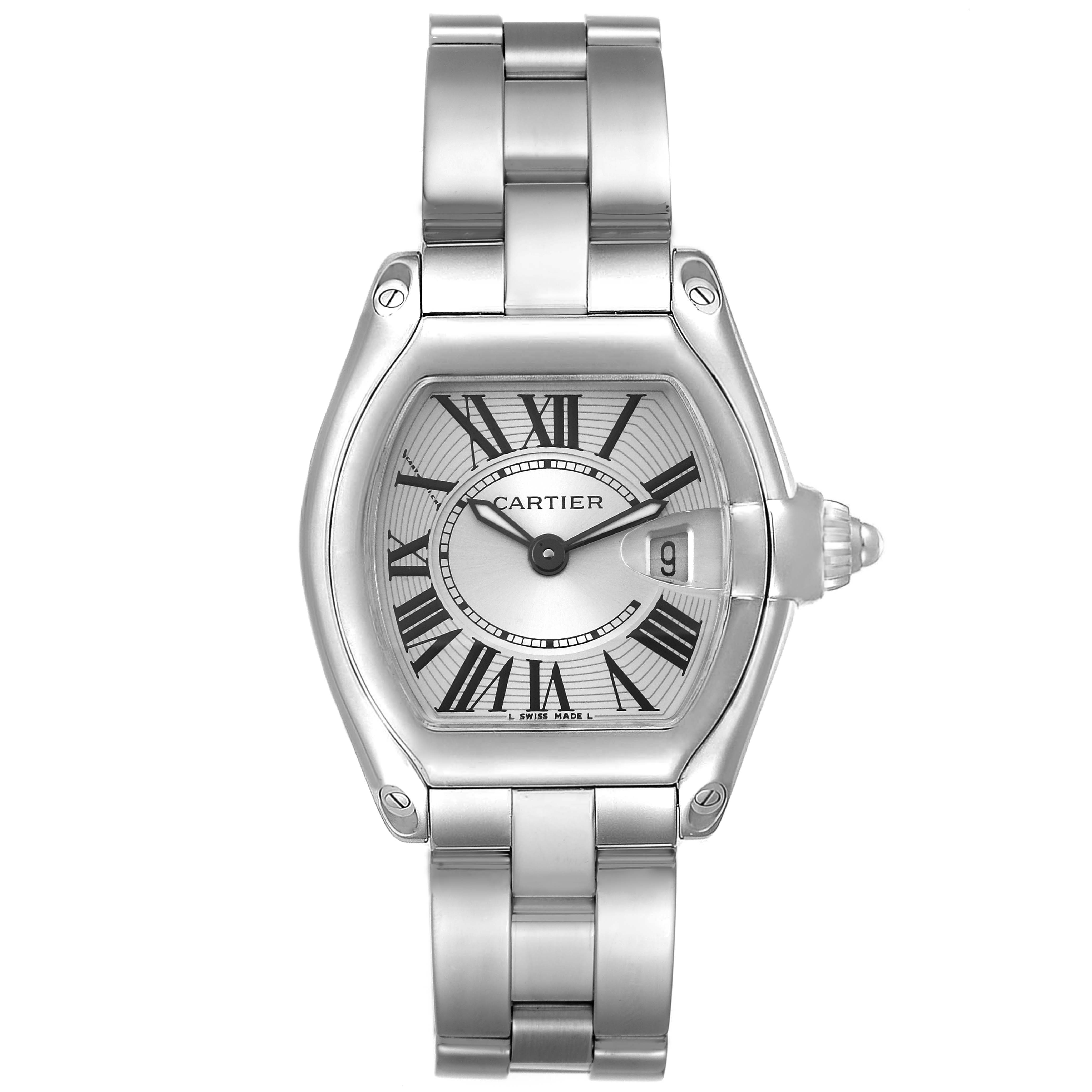 This image shows a front view of the Cartier Roadster W62016V3 Women's Stainless Steel Silver Dial W62016V3 Women's Stainless Steel Silver Dial watch, displaying its face, bracelet, and crown.