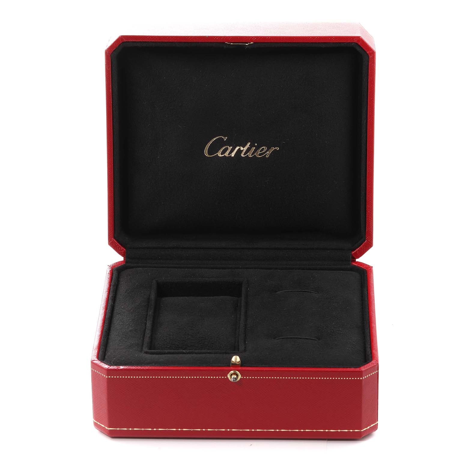 This image shows an open red Cartier Roadster W62016V3 Women's Stainless Steel Silver Dial W62016V3 Women's Stainless Steel Silver Dial watch box with black interior and the Cartier logo inside the lid.