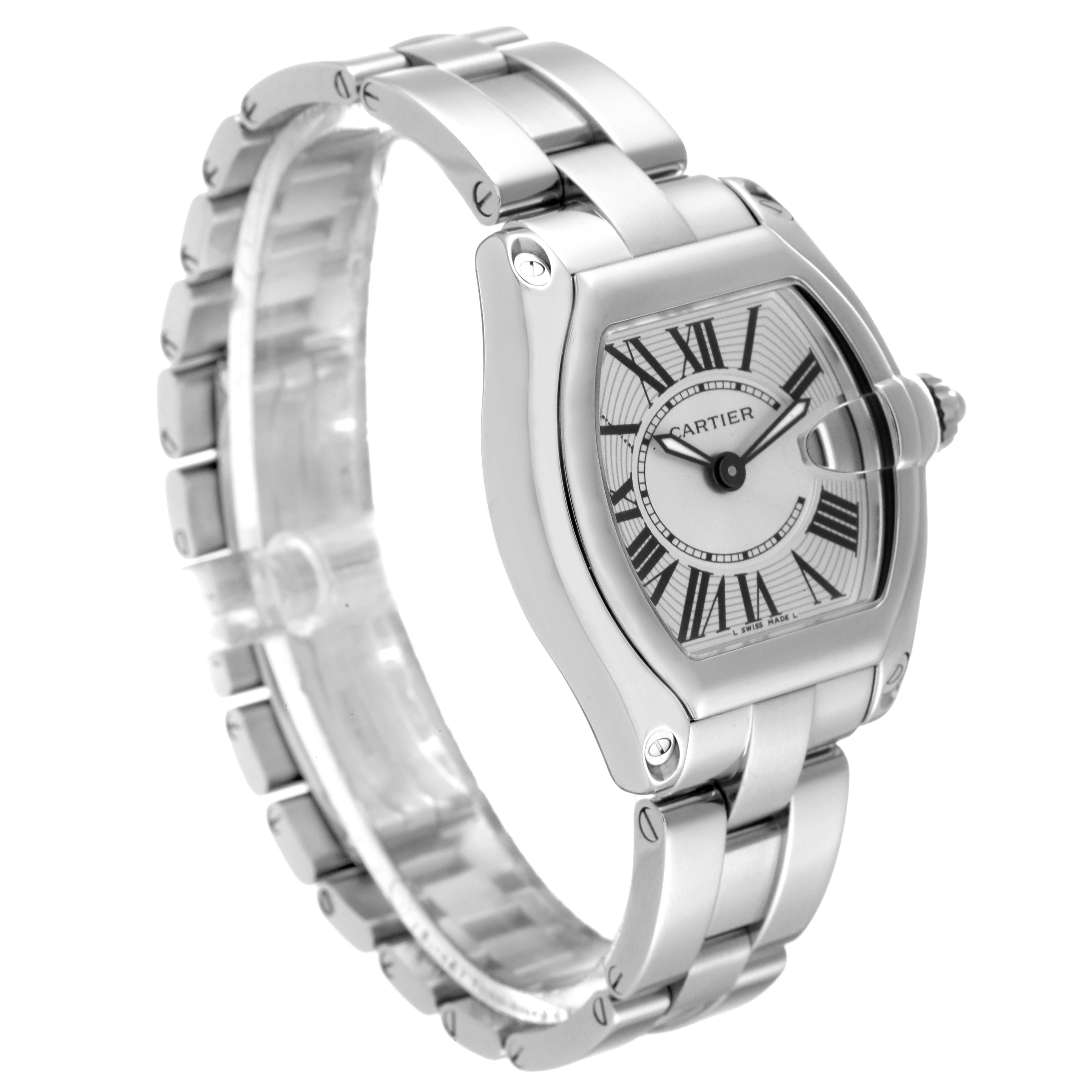The Cartier Roadster W62016V3 Women's Stainless Steel Silver Dial W62016V3 Women's Stainless Steel Silver Dial watch is shown at an oblique angle, displaying its face, bezel, crown, and metal bracelet.