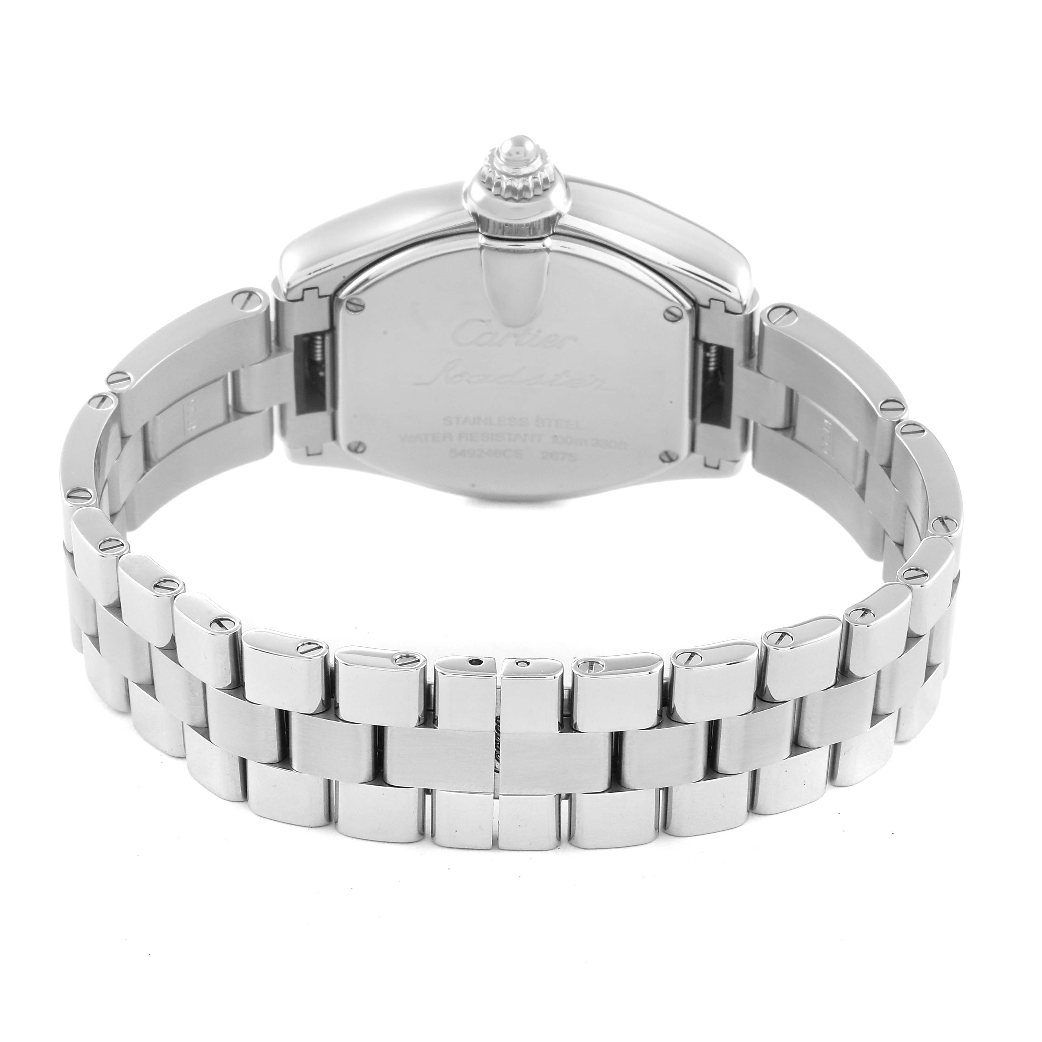 The image displays the back view of the Cartier Roadster W62016V3 Women's Stainless Steel Silver Dial W62016V3 Women's Stainless Steel Silver Dial watch, featuring the stainless steel case and bracelet.
