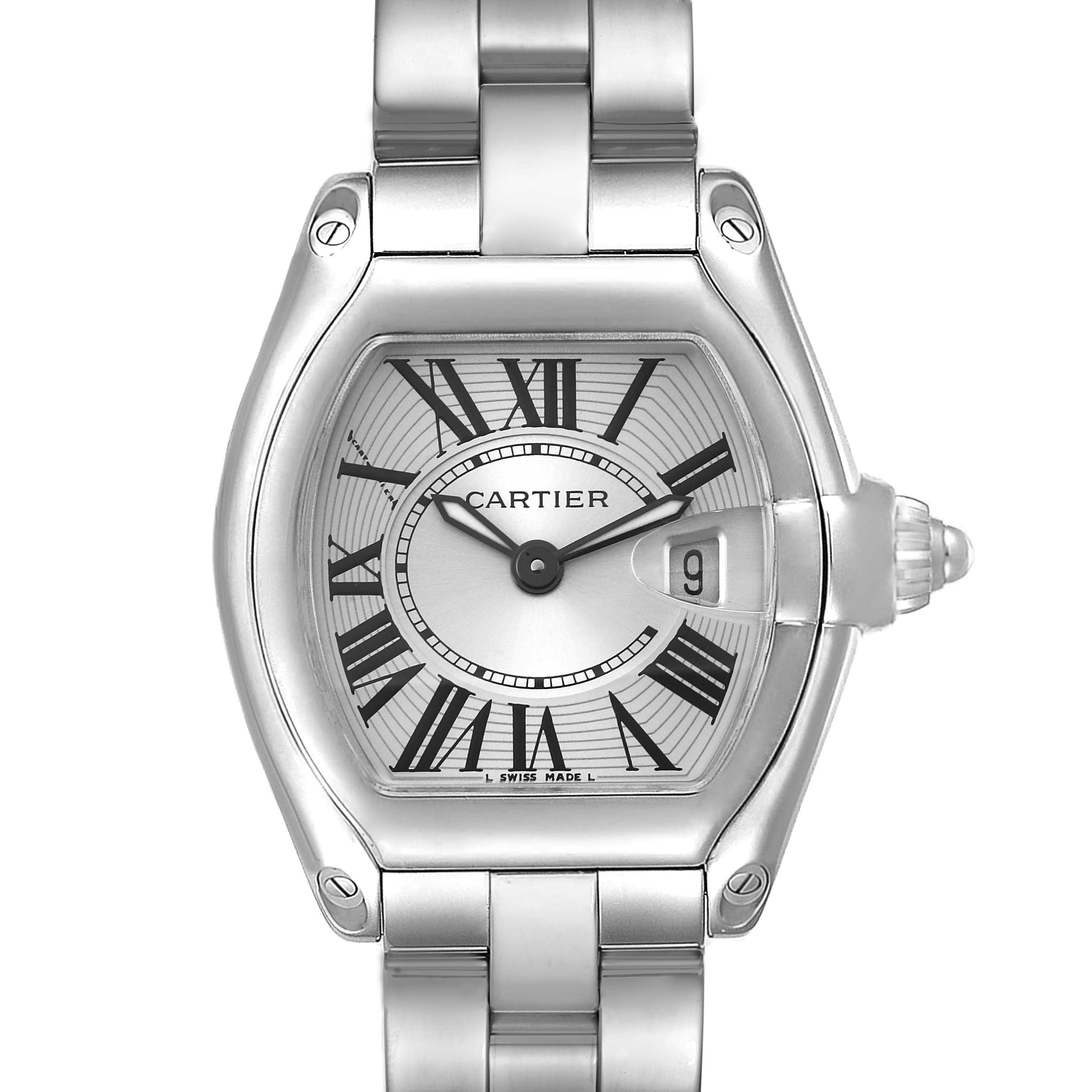 This image shows a frontal view of the Cartier Roadster W62016V3 Women's Stainless Steel Silver Dial W62016V3 Women's Stainless Steel Silver Dial watch, displaying its face, bracelet, and crown.