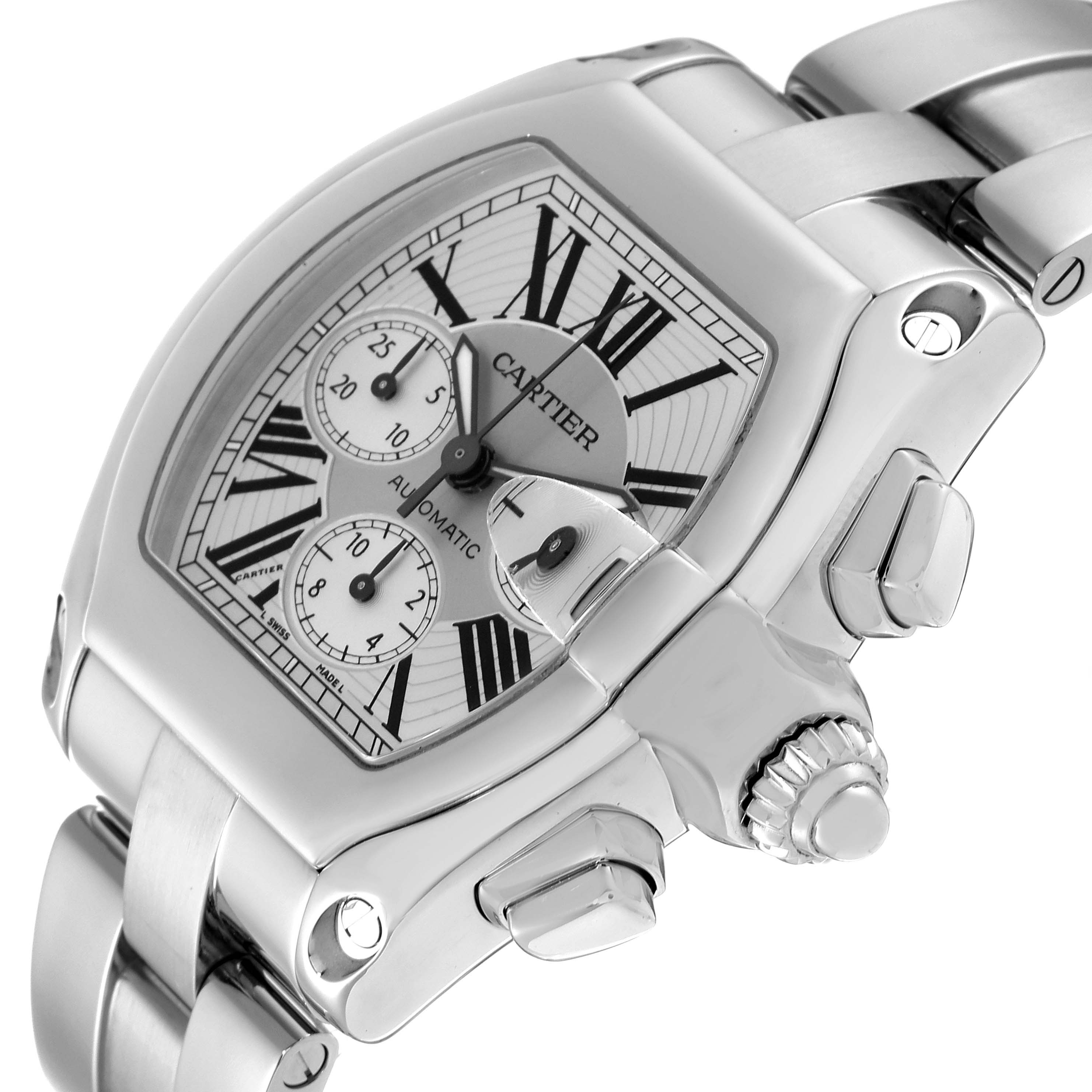 The image shows a Cartier Roadster W62019X6 Men's Stainless Steel Silver Dial W62019X6 Men's Stainless Steel Silver Dial watch at an angle displaying its face, crown, and part of the bracelet.
