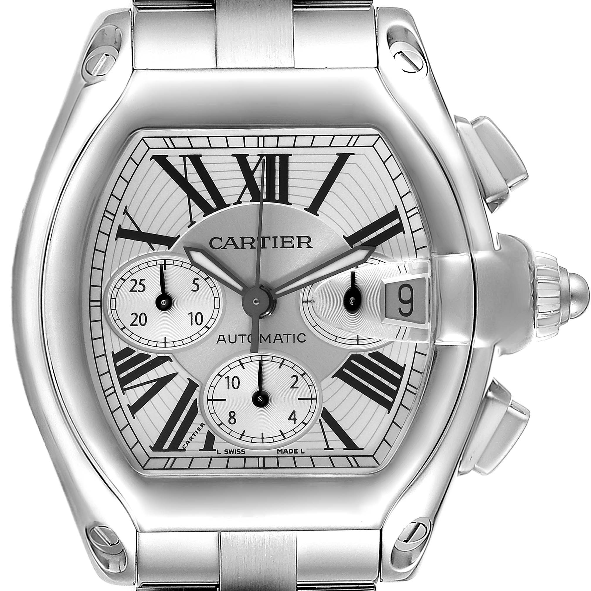 The image shows a front view of the Cartier Roadster W62019X6 Men's Stainless Steel Silver Dial W62019X6 Men's Stainless Steel Silver Dial watch, highlighting its dial, strap, and crown.
