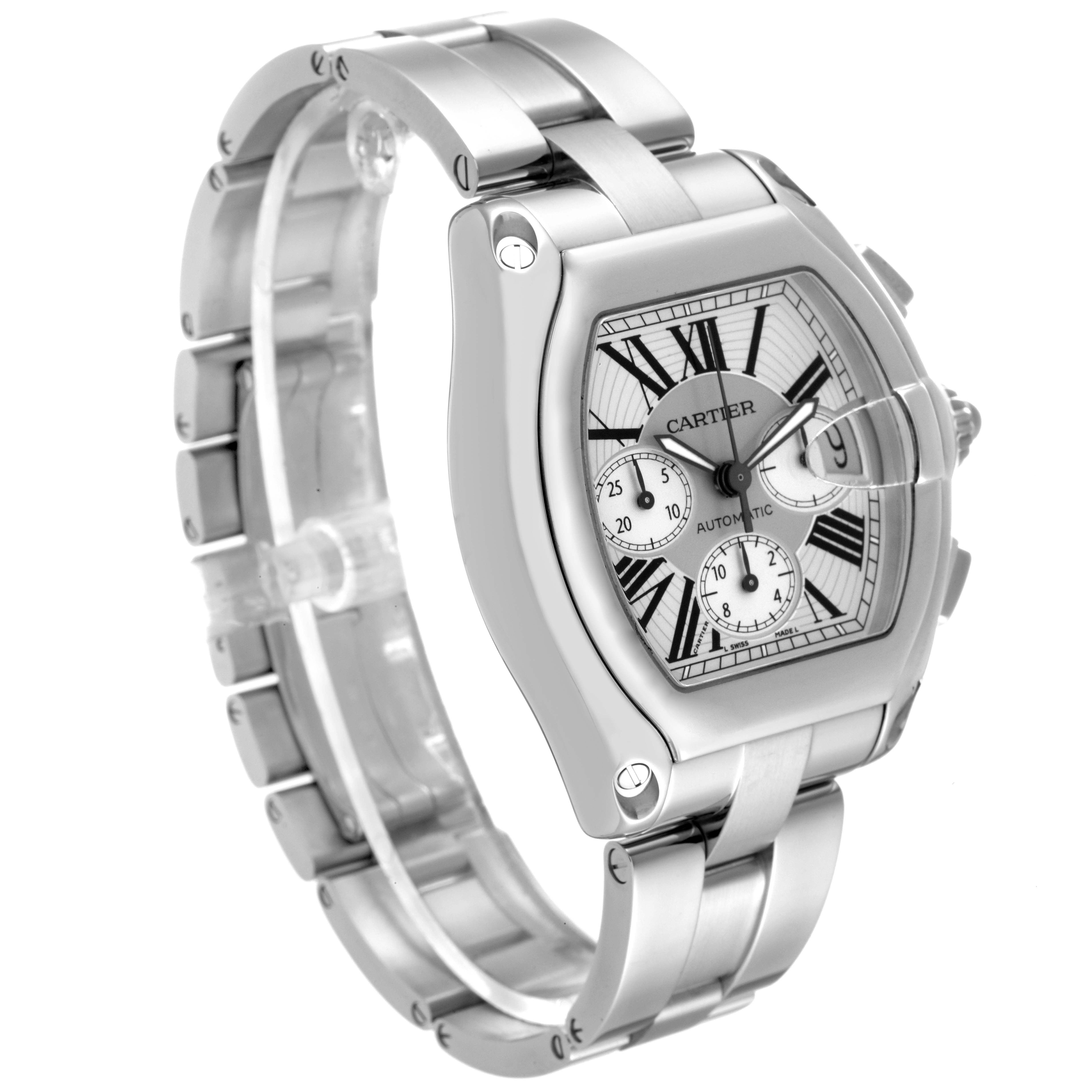 The image shows the Cartier Roadster W62019X6 Men's Stainless Steel Silver Dial W62019X6 Men's Stainless Steel Silver Dial watch at a three-quarter angle, highlighting the face, metal band, and clasp.