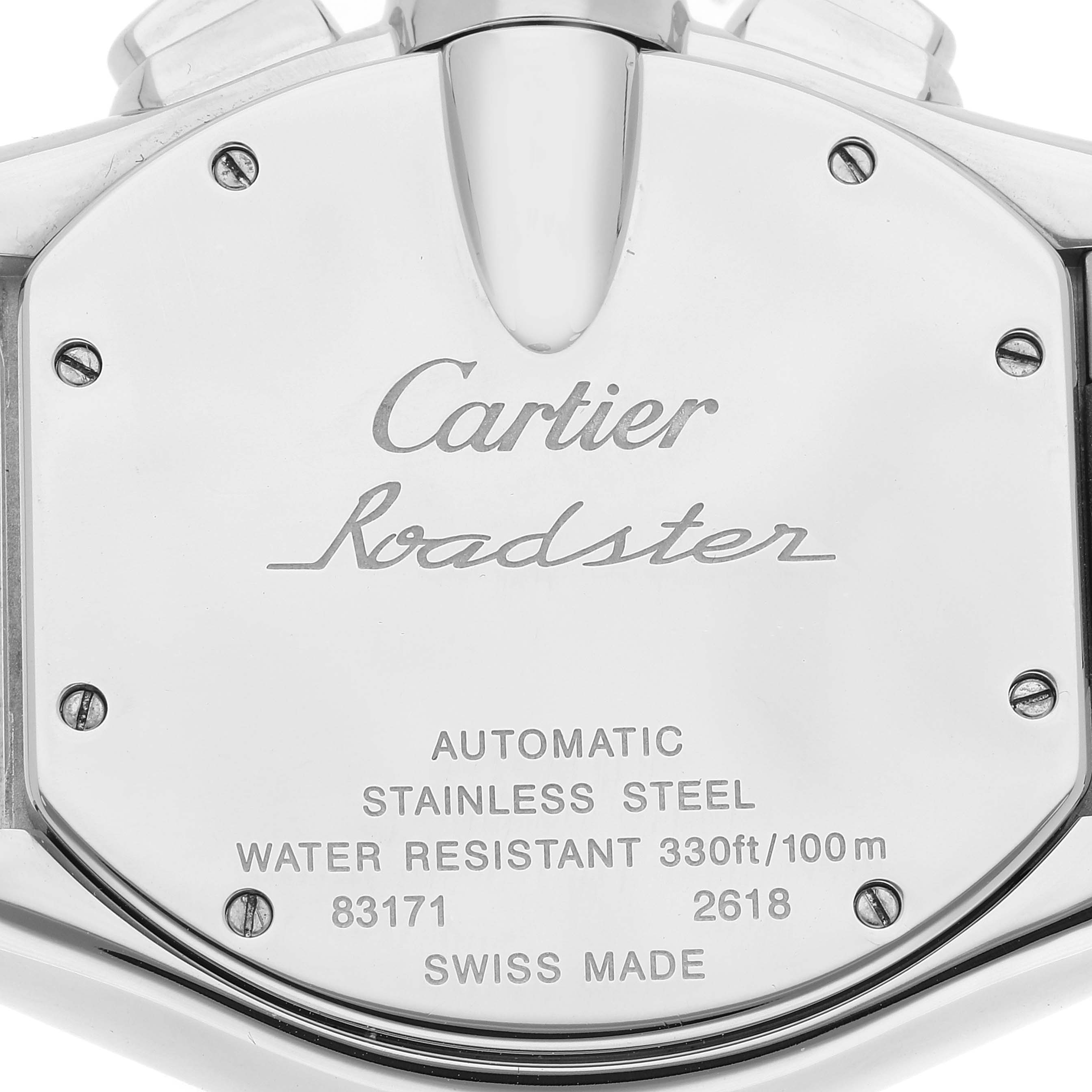 This image shows the back case of the Cartier Roadster W62019X6 Men's Stainless Steel Silver Dial W62019X6 Men's Stainless Steel Silver Dial watch, displaying its specifications and engravings.